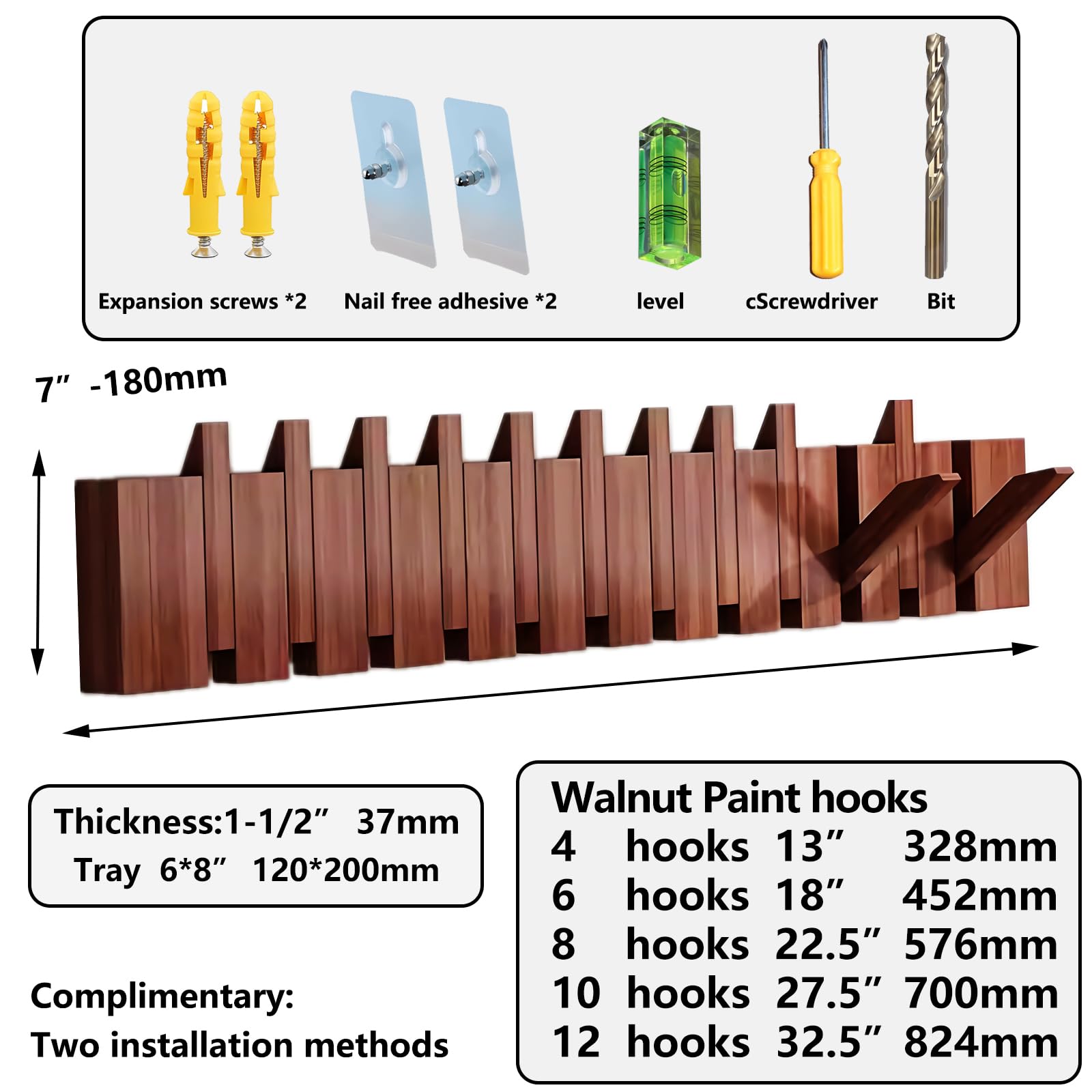 Perchero de pared de estilo clásico de nogal con 6 ganchos, ganchos para llaves de piano, perchas de madera maciza natural, perchas de tela no tejida para armario, cocina, dormitorio, baño,