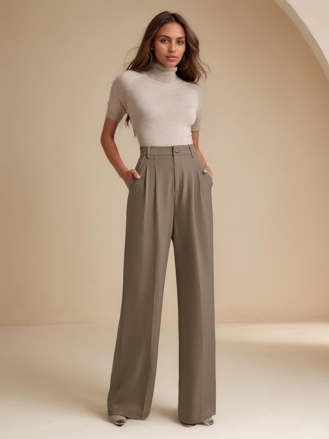 ELLEVEN Women's Casual Wide Leg Dress-Pants, High Elastic Waisted in The Back Business Flowy Trousers with Pockets - Image 6