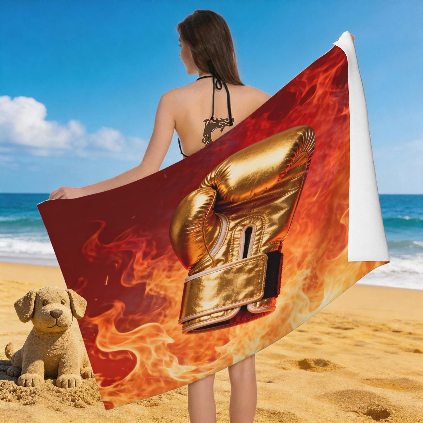 Leichong 3D Boxing Gloves Beach Towel Large Microfiber Soft Quick Dry for Adults, Boxing Theme Bath Towel Lightweight Soft Absorbent for Travel Swimming Pool Sports, 180 x 90 cm