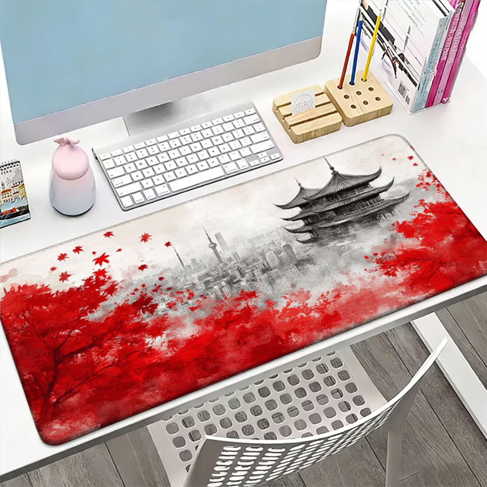 Podkładka pod mysz XXL 1200 x 400 x 3 mm, duża czerwona podkładka pod mysz z wodoodporną i gumową antypoślizgową podkładką pod biurko zszyte krawędzie, poprawia precyzję i szybkość dla gracza W-304