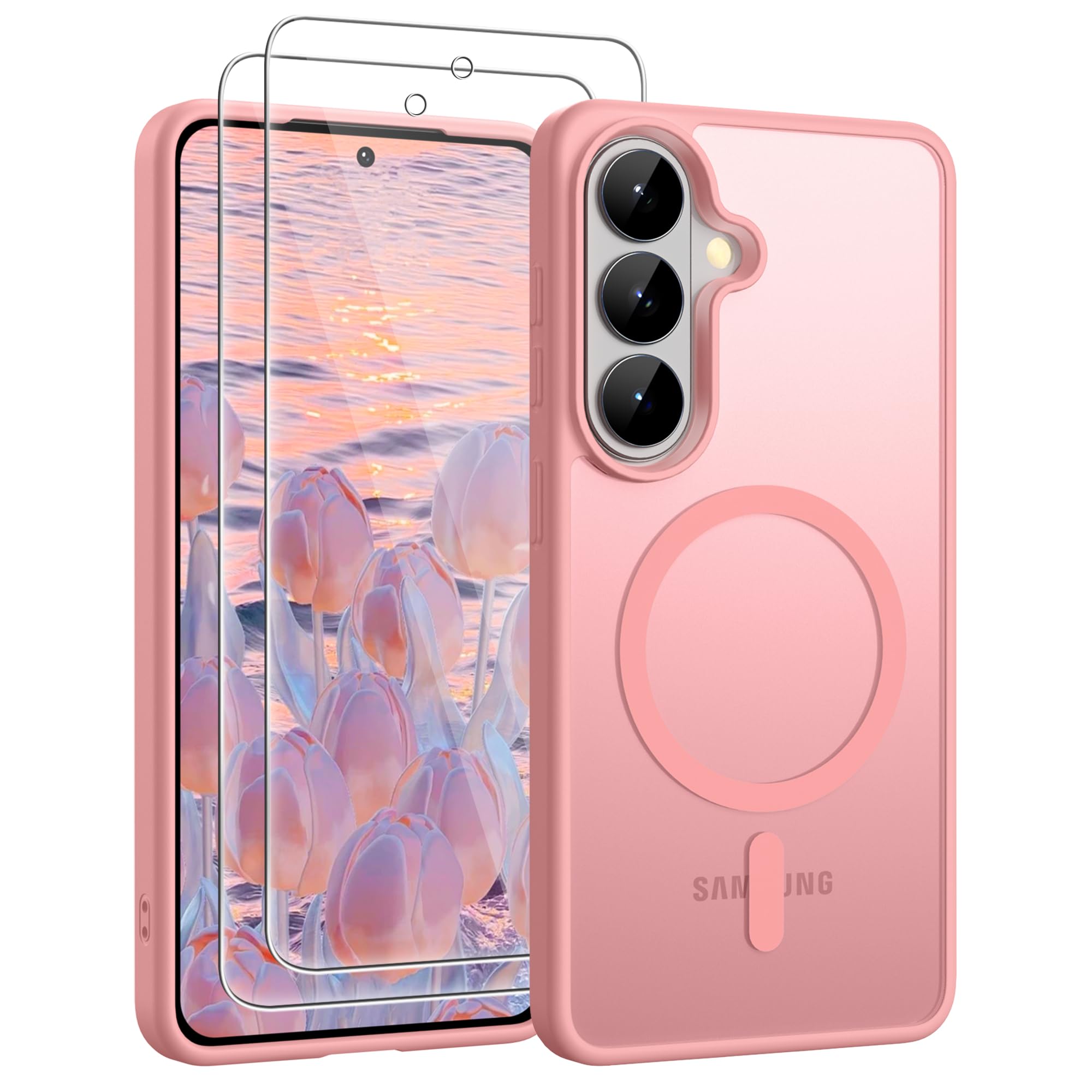 for Samsung Galaxy S26 Case with 2 PCS Screen Protector (Compatible with MagSafe)(Military Grade Drop Protection) Slim Translucent Matte & Anti-Fingerprint Phone Cover for S26,Light Pink