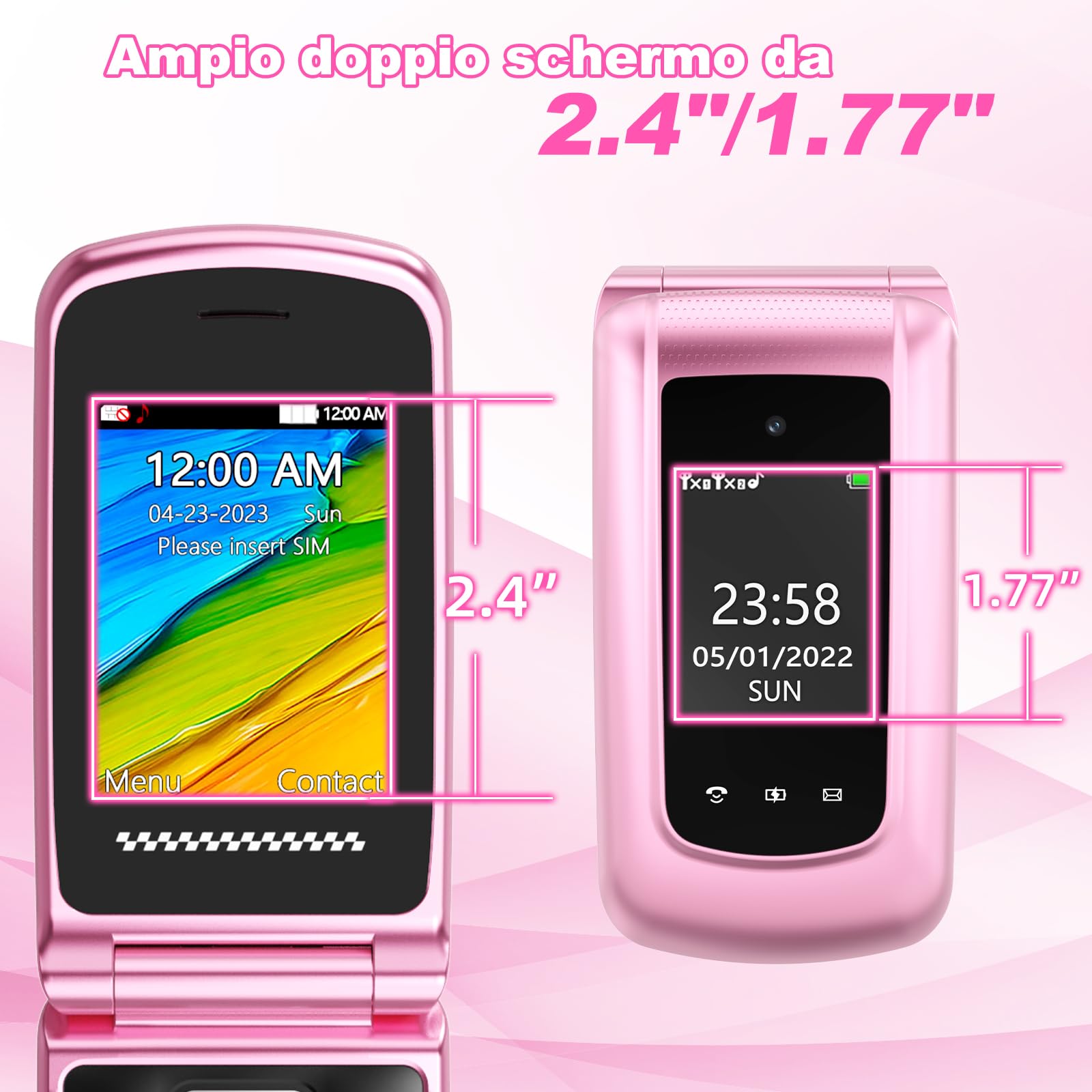 4G Telefono Cellulare per Anziani | Flip Telefoni Cellulari con Tasti Grandi | Doppia SIM | Annunci vocali | Volume alto | Funzione SOS | 2.4"+1.77" Doppio Pantalla | Selezione Rapida | Rosa