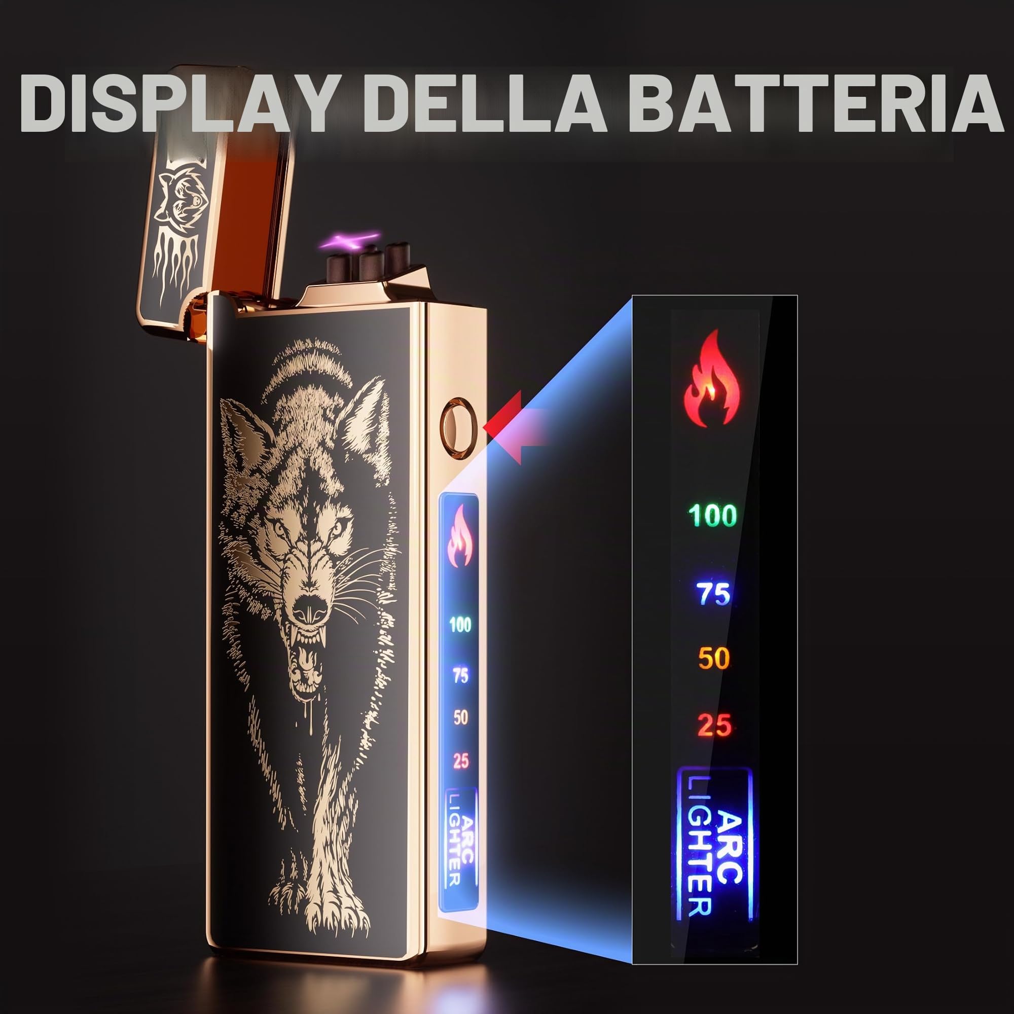 Regalo accendino elettrico, indicatore della batteria, accendino USB al plasma, ricaricabile, antivento e fiamma, doppio arco con indicatore della batteria per candele/barbecue (lupo)