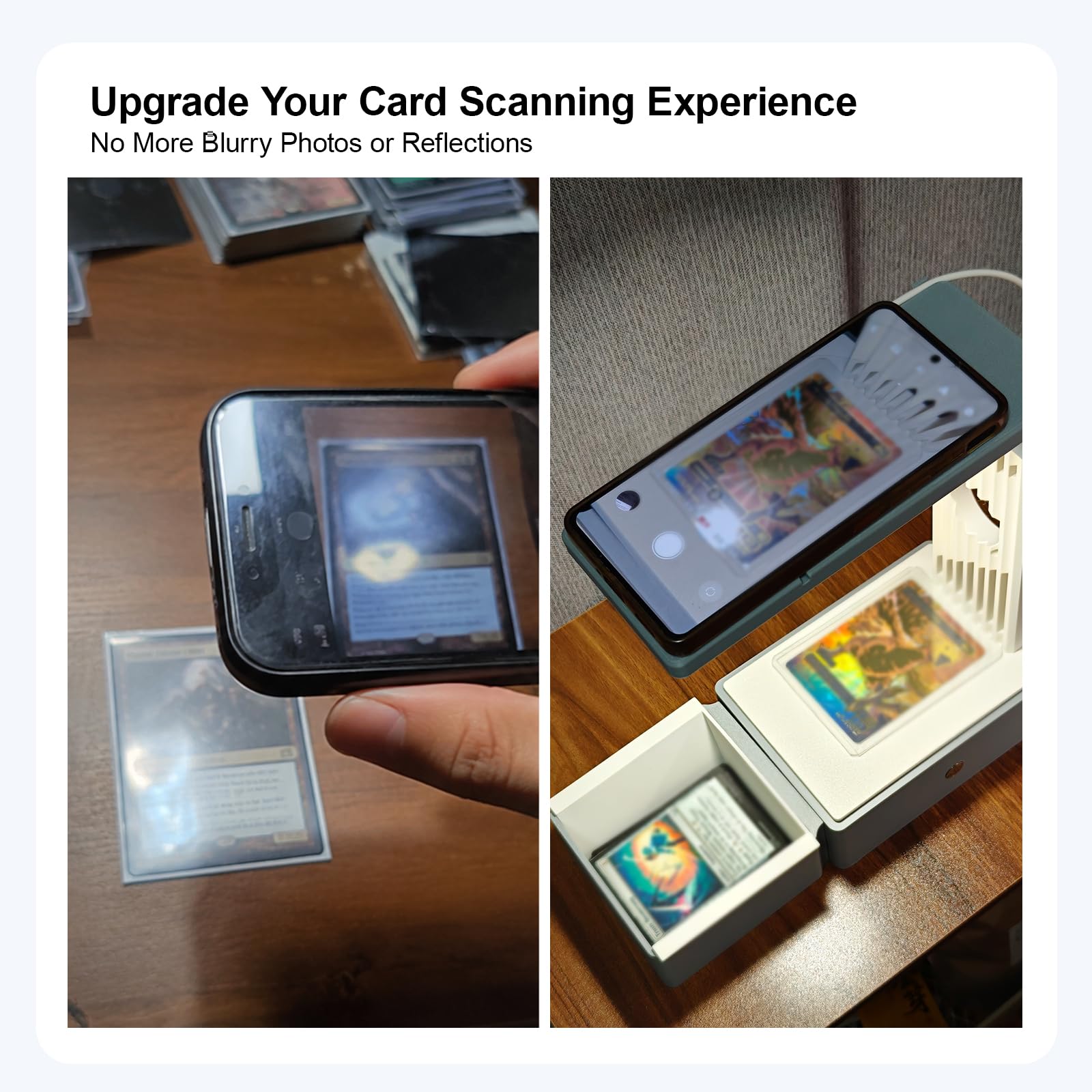 TCG - Estación de escáner de tarjetas con luz LED ajustable, bandeja de clasificación magnética y soporte para teléfono, escáner de tarjetas coleccionables para tarjetas con mangas y sin manga