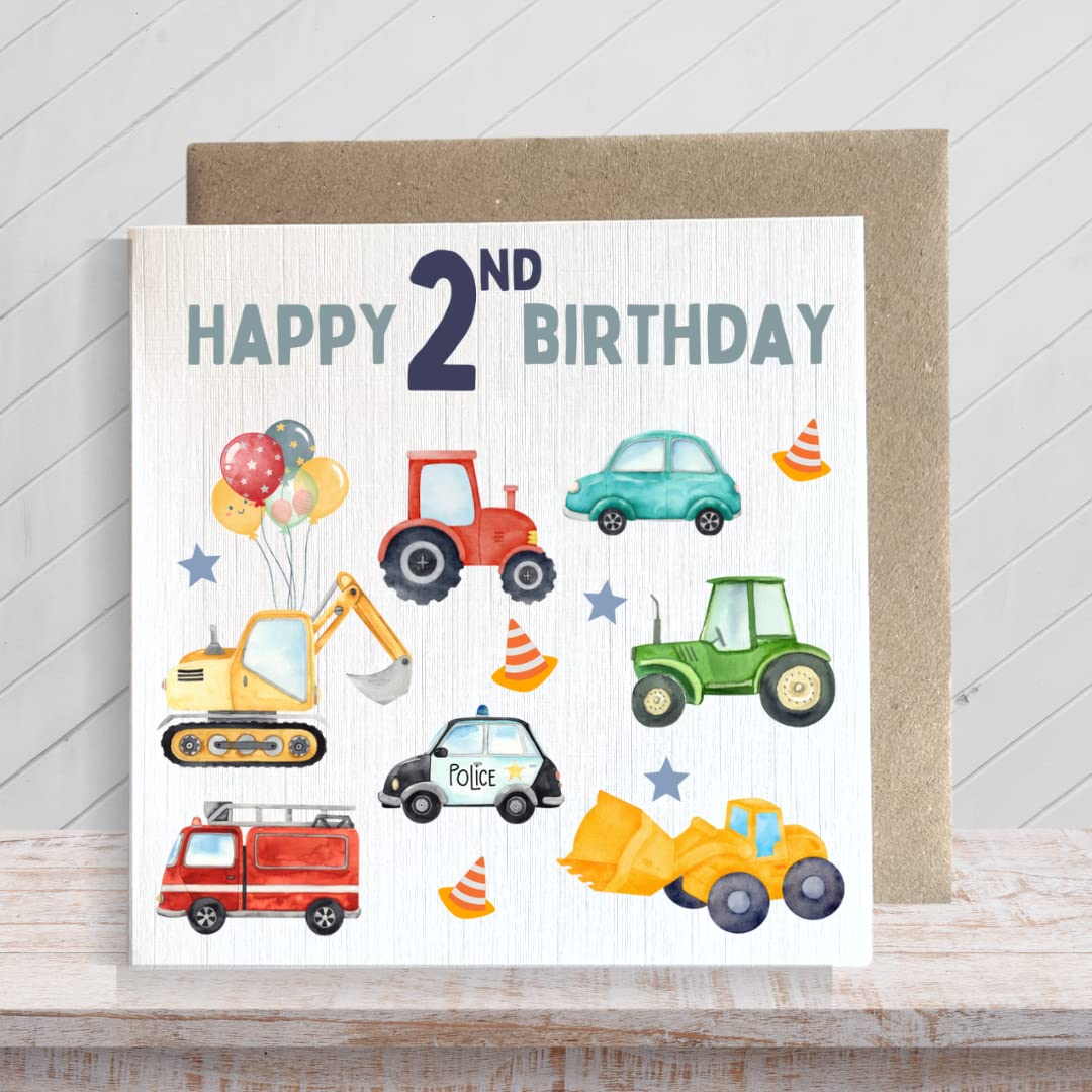 Carte Anniversaire Enfant 2 Ans Old English Co. | Thème Pelleteuse, Tracteur | 150x150 Mm, Papier épais 280 G/m²