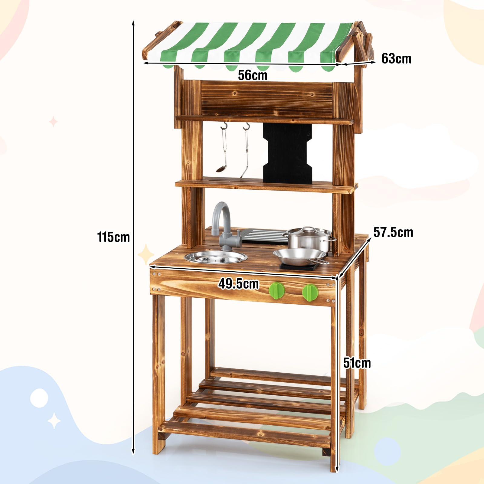 GOPLUS Matschküche für Kinder Outdoor, Kinderküche doppelseitig aus Holz, Spielküche mit Sonnendach, Tafel, Spüle und Wasserhahn & Zubehör, für Jungen und Mädchen ab 3 Jahren