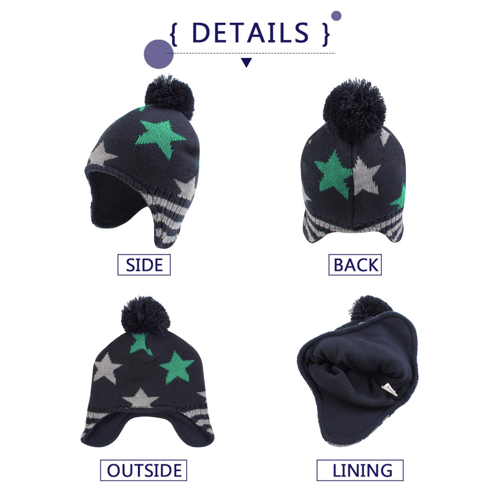 DCUTERQ Baby Winter Mittens Gloves Beanie Hat Set Kids Toddler Pompom Knit Caps Warm Fleece Lined Earflaps Hats for Boy Girl Star Dark Blue Green 4-5T