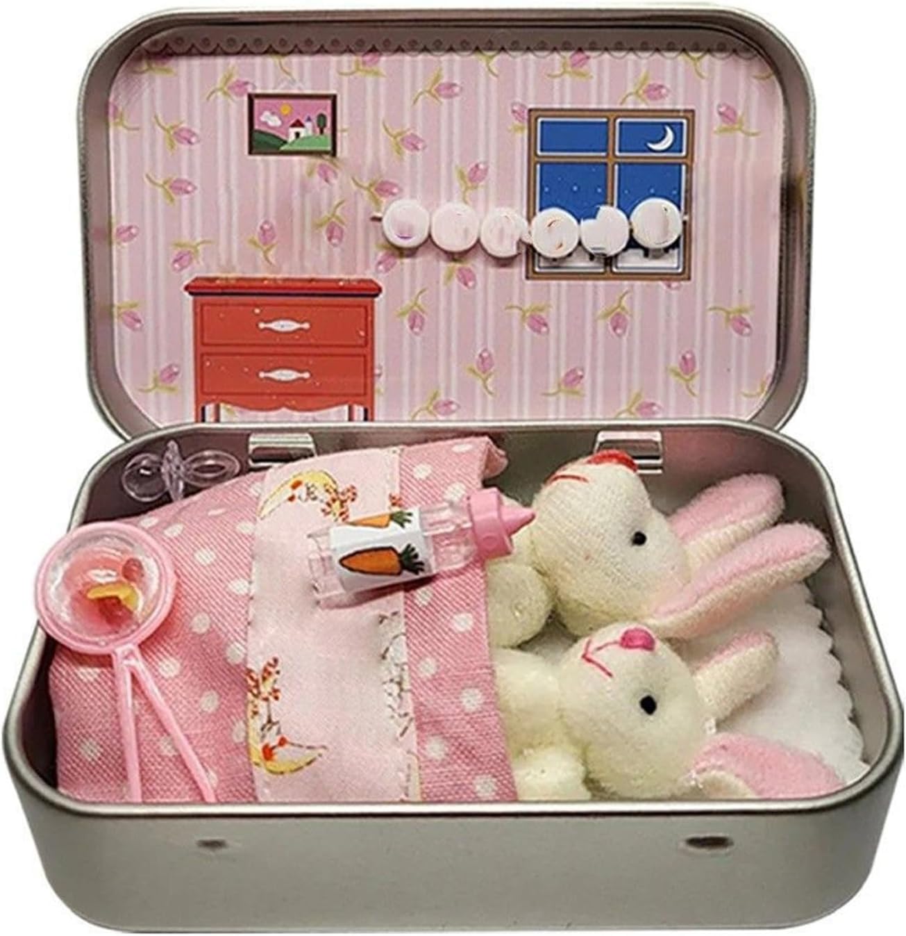 Little Pocket Bunny In A Tin Box, Pocket Bunnies Easter Basket Stuffer, DIY Pet Tin Bunny Adoption, Mini Rabbits in Box,Mini Plush House Easters Baskets Decorative Boxes (Pink)