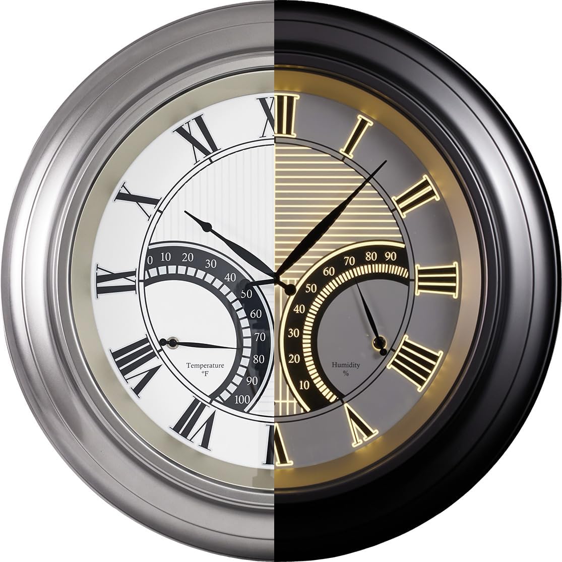 ANDY STAR 24 Inch Outdoor Clocks Waterproof,Large Outdoor Wall Clocks for Garden Patio Pool, Weatherproof Illuminated Metal Clock Battery Operated with Thermometer&Hygrometer, Silver Non Ticking