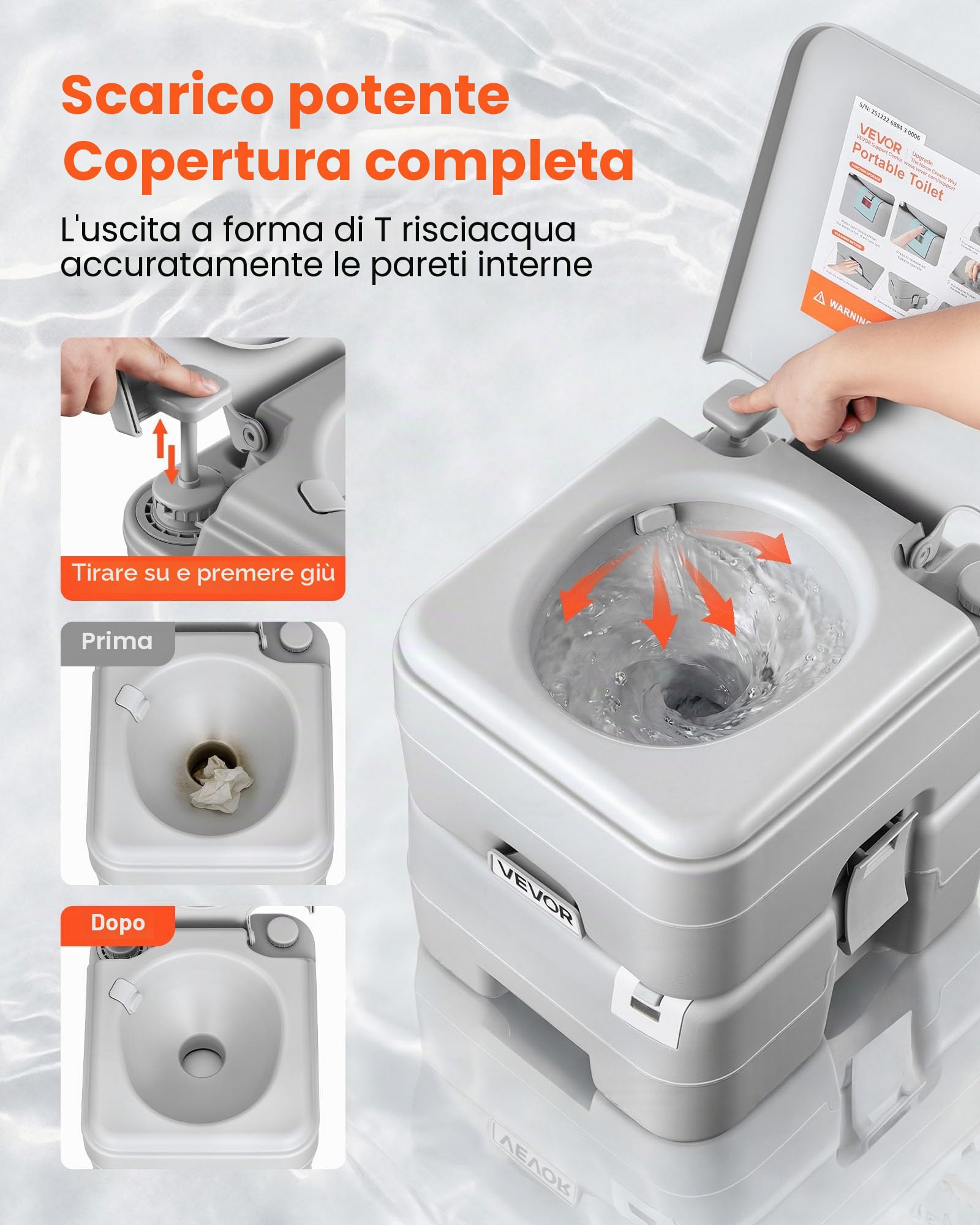 VEVOR Toilette da Campeggio Portatile con Scarico Toilette Portatile con Serbatoio di Scarico Rimovibile Capienza ca. 20 L, WC per Casa Camper Barca Escursionismo da Viaggio Serbatoio d'Acqua 12 L