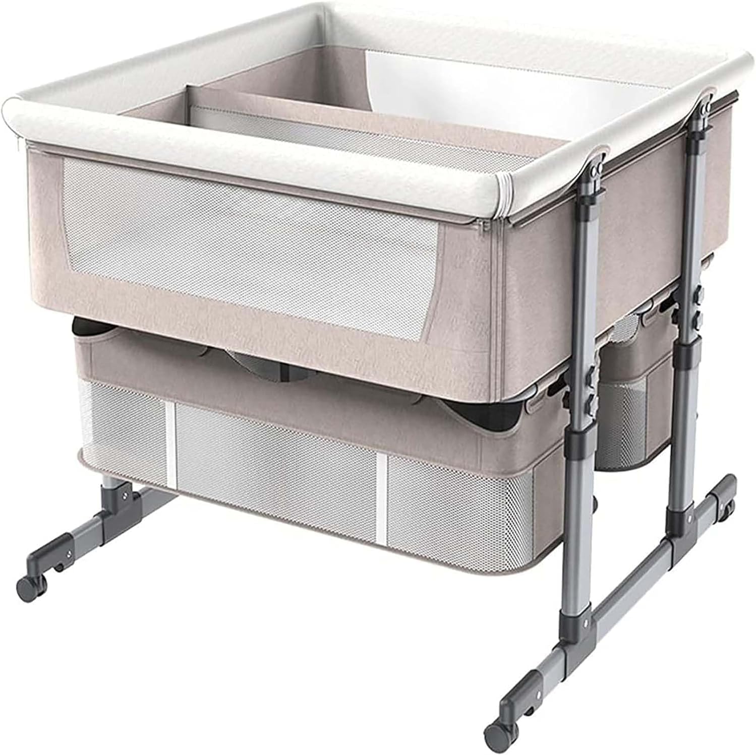 Twin Bassinet for 2 Babies,Double Bassinet for Twins,Co Sleeper Bedside Crib for Baby with Wheels and Storage Basket,6-Height Adjustable and Anti-Reflux Slope Design,Includes Mattress (Khaki) | Breathable Mesh, Height Adjustable, Anti-spit-up Design