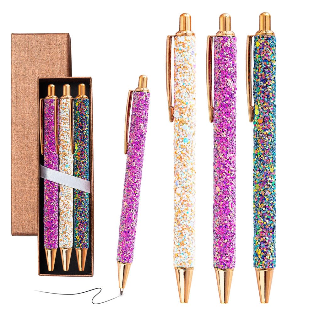 Belegao 3PCS Glitter Ballpoint Pens with Box - Metal Art Ball Point Pens Fancy Vintage Rose Retractable 1.0mm Smooth Writing for Women Mother Teachers Birthday Thanksgiving Gifts, Home Office โ image 1