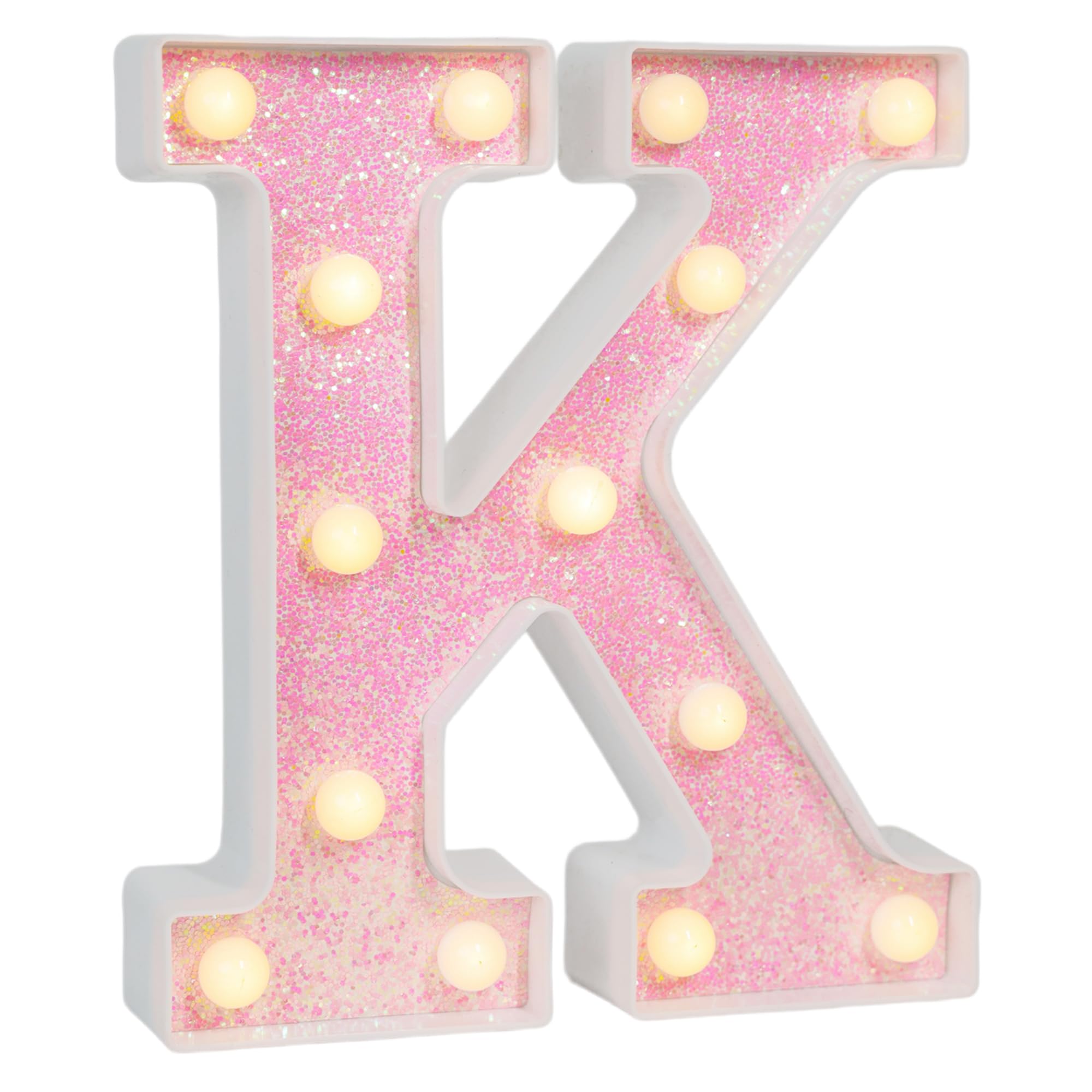 EUFONY Pink Glitter Marquee Light Up Letters, Battery Operated LED Letter Lights Signs for Pink Birthday Party Table Decorations, Wall Decor for Girls Bedroom, Initial Letter K with Warm White Lights