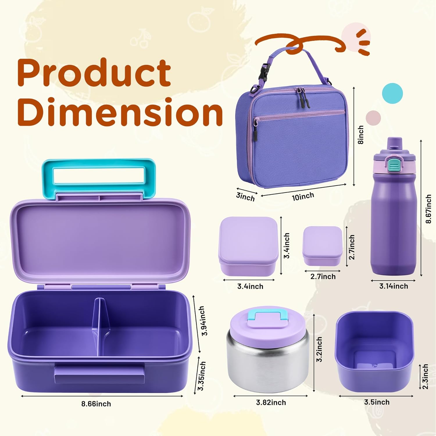 MAISON HUIS Bento Box for Kids with 8oz Soup Thermo, Insulated Lunch Bag & 17oz Water Bottle, 2-Compartment Bento Box with Built-In Ice Pack, Leak-Proof & BPA-Free (Purple) - Image 2