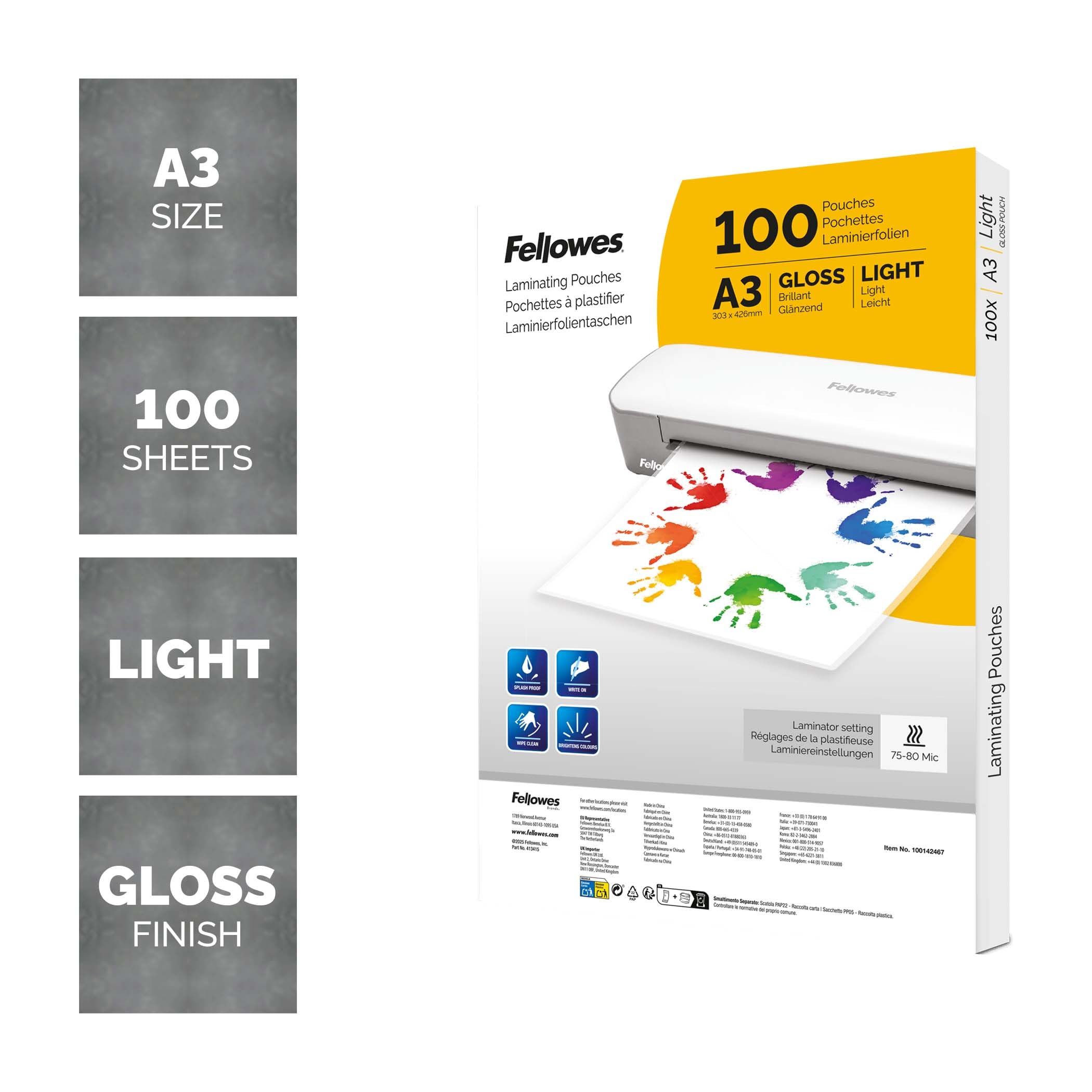 Fellowes A3 Laminating Pouches 100 Pack Gloss Finish Laminator Sheets for Home, School or Office Ideal for Posters, Signs & Documents Compatible with All Laminators - Image 2