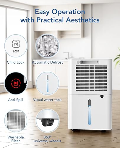 Miniatura 6 de Deshumidificador de 2500 pies cuadrados para sótano con manguera de drenaje máximo 34 pintas, deshumidificadores para el hogar, habitación grande,