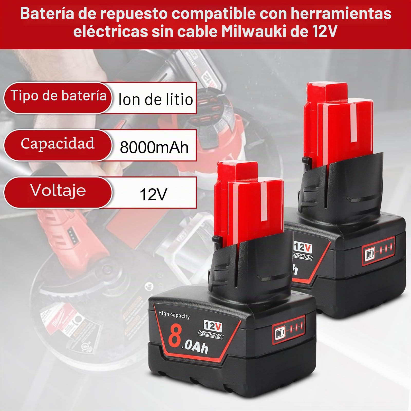 Powarobor 2 Pack M12 12V 8.0Ah Li-Ion Batería de Repuesto Compatible con Herramientas Eléctricas Inalámbricas Milwaukee 12V,8000mAh Batería para 48-11-2401 48-11-2402 48-11-2411 48-11-2420 48-11-2460