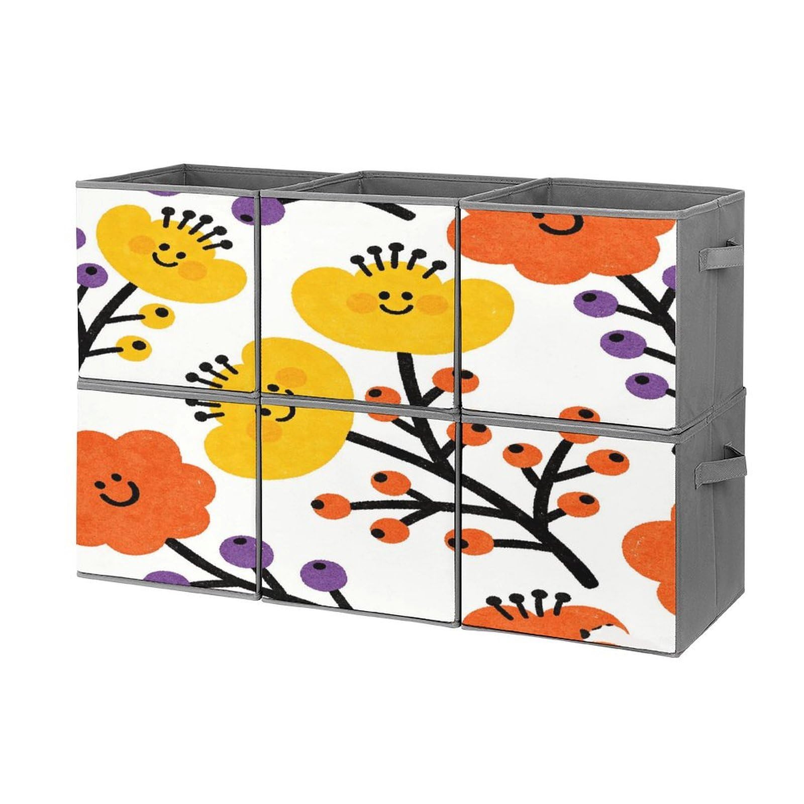 Fodpand Style Flower Branch Pattern Cute Cube Bins With Double Handles,Set Of 6 Cube Organizer, Stackable And Foldable Storage Bins For Organization, Closet, Shelves, Offices