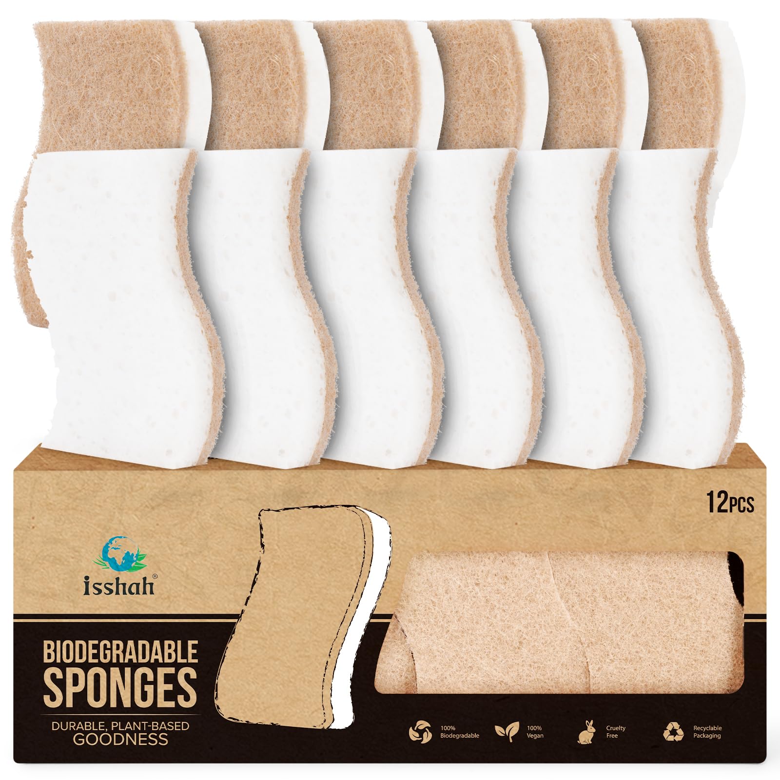 Isshah Plant-Based Kitchen Sponges - FSC Certified and PETA Approved, 12 Count