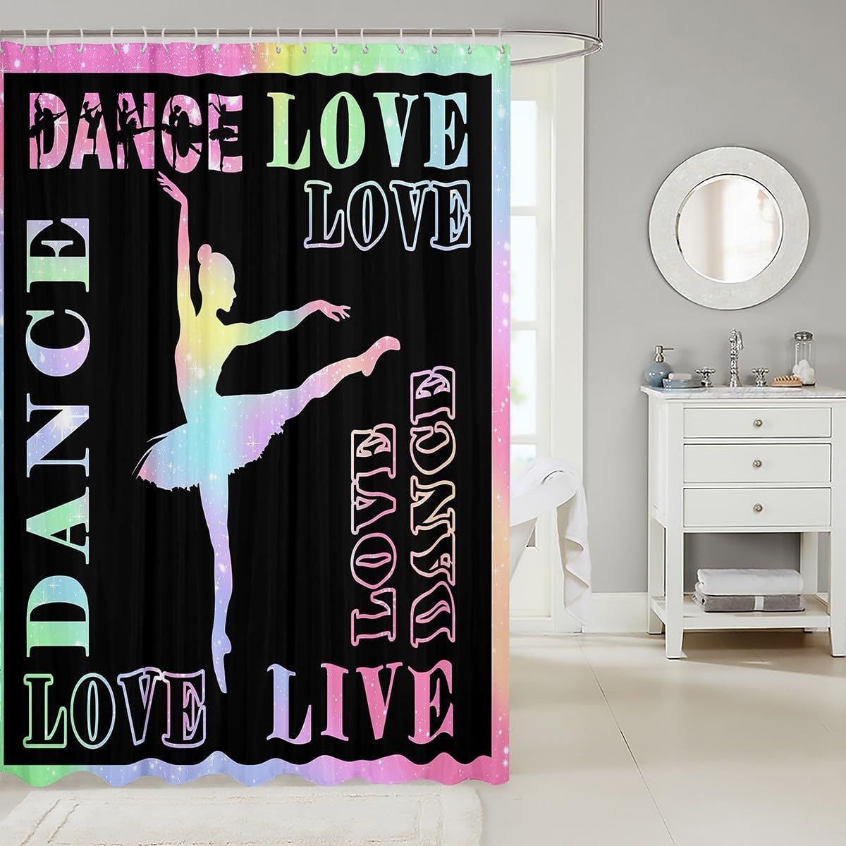 Dance Lovers Kids Shower Curtains,Ballet Dancer Silhouette Bathroom Curtains for Girls Boys Adults,Colorful Starry Sky Dreamy Fashion Romantic Waterproof Curtains,12 Hooks Suits,72" W x 72" L image 2
