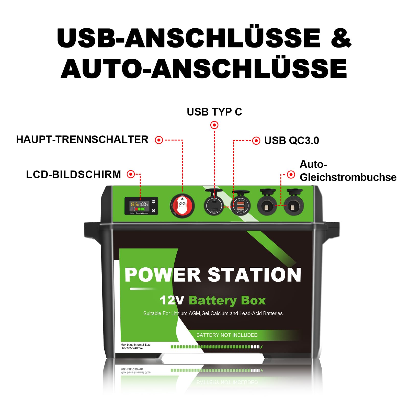 Batteriebox mit USB und Anderson Stecker, 12V wasserdichte Smart Batteriebox für Boot, Trolling Motor, Outdoor Camping, RV (BM001)