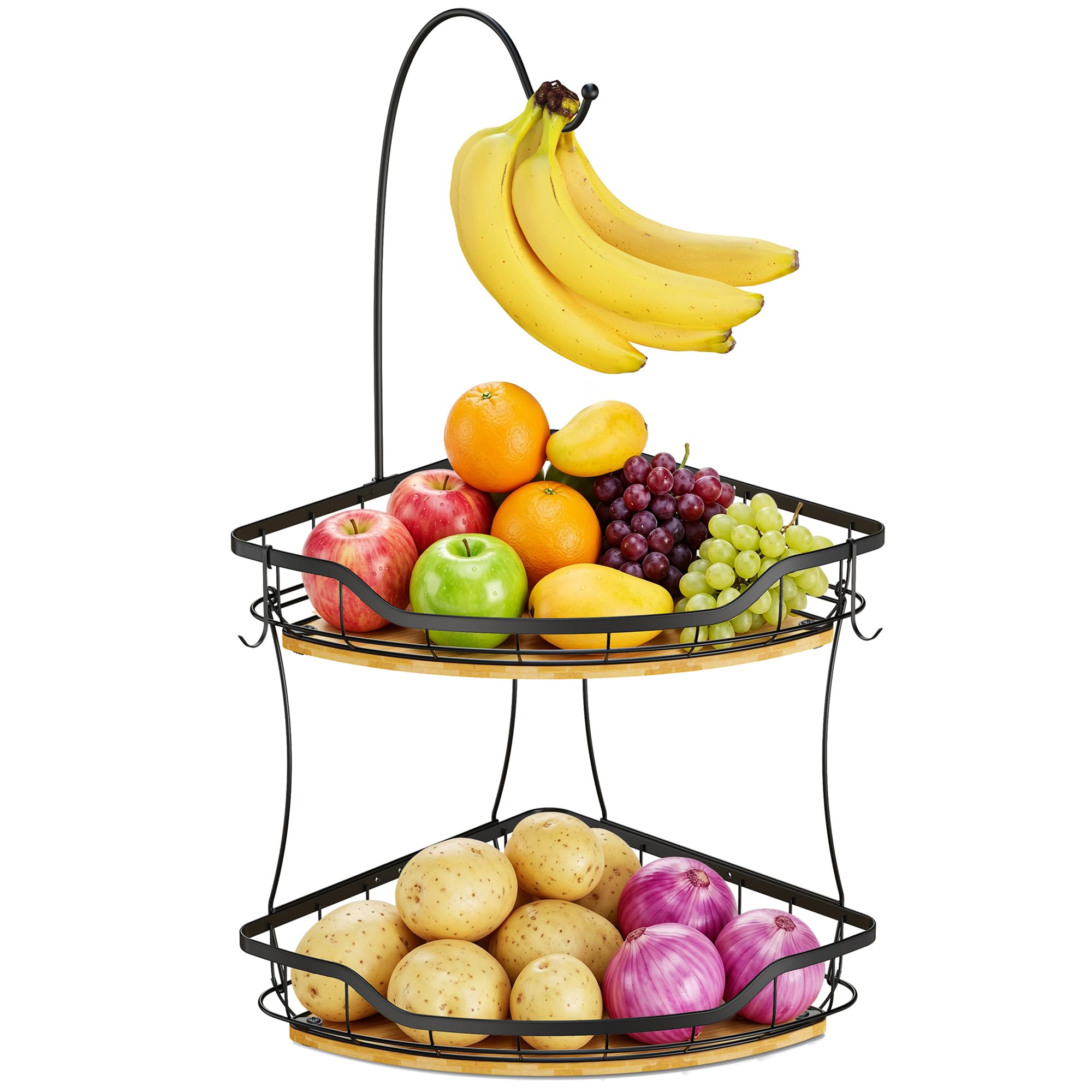 OETAMS Fruit Bowl Basket with Banana Hanger Hook, Fruit Basket Black 2-Tier