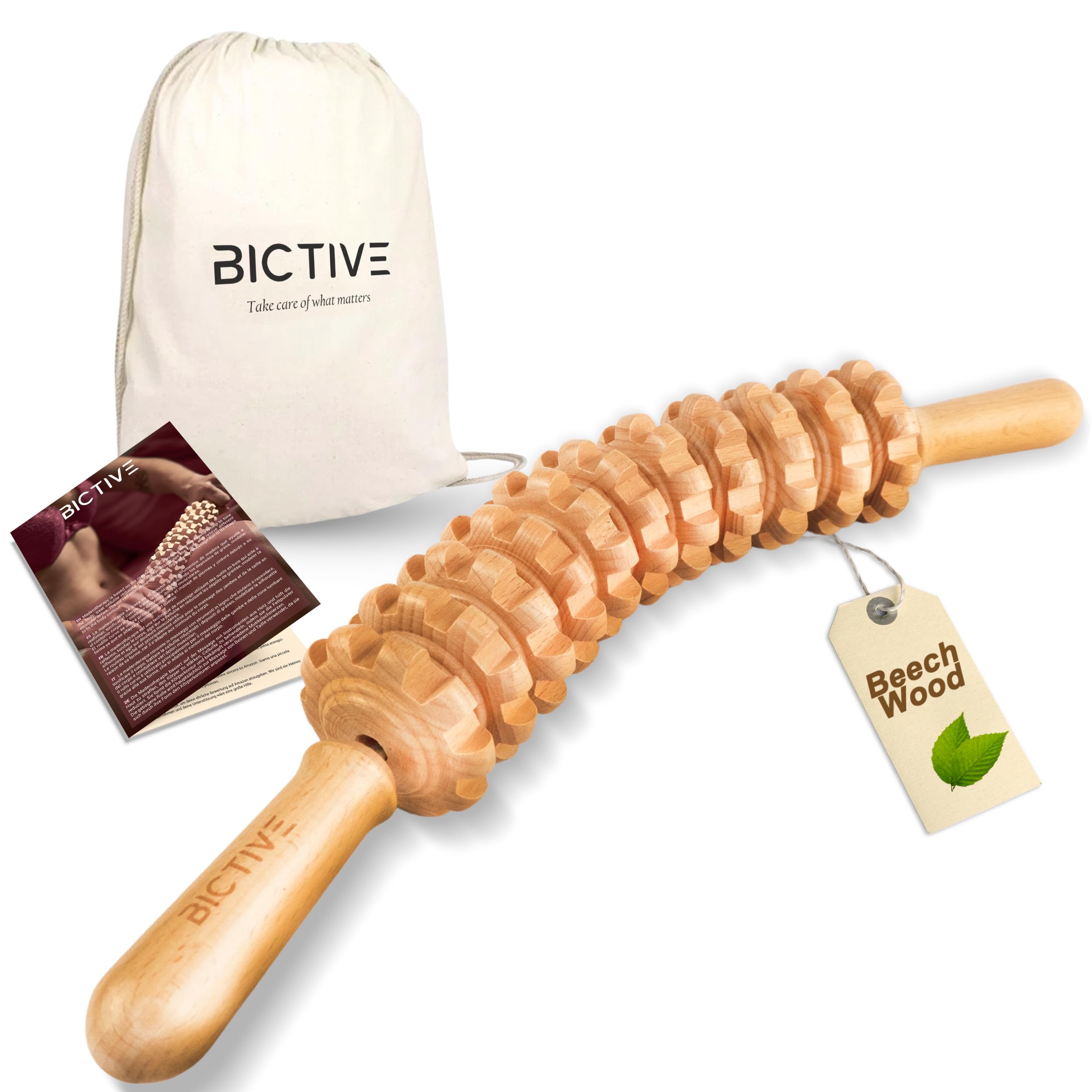 Rullo di Massaggio per Cellulite e Maderoterapia in Legno di Faggio. Massagio Anticellulite, Rullo per Massaggio Drenante Gambe, Glutei e Corpo. Massaggiatore Pancia. Include un Sacchetto