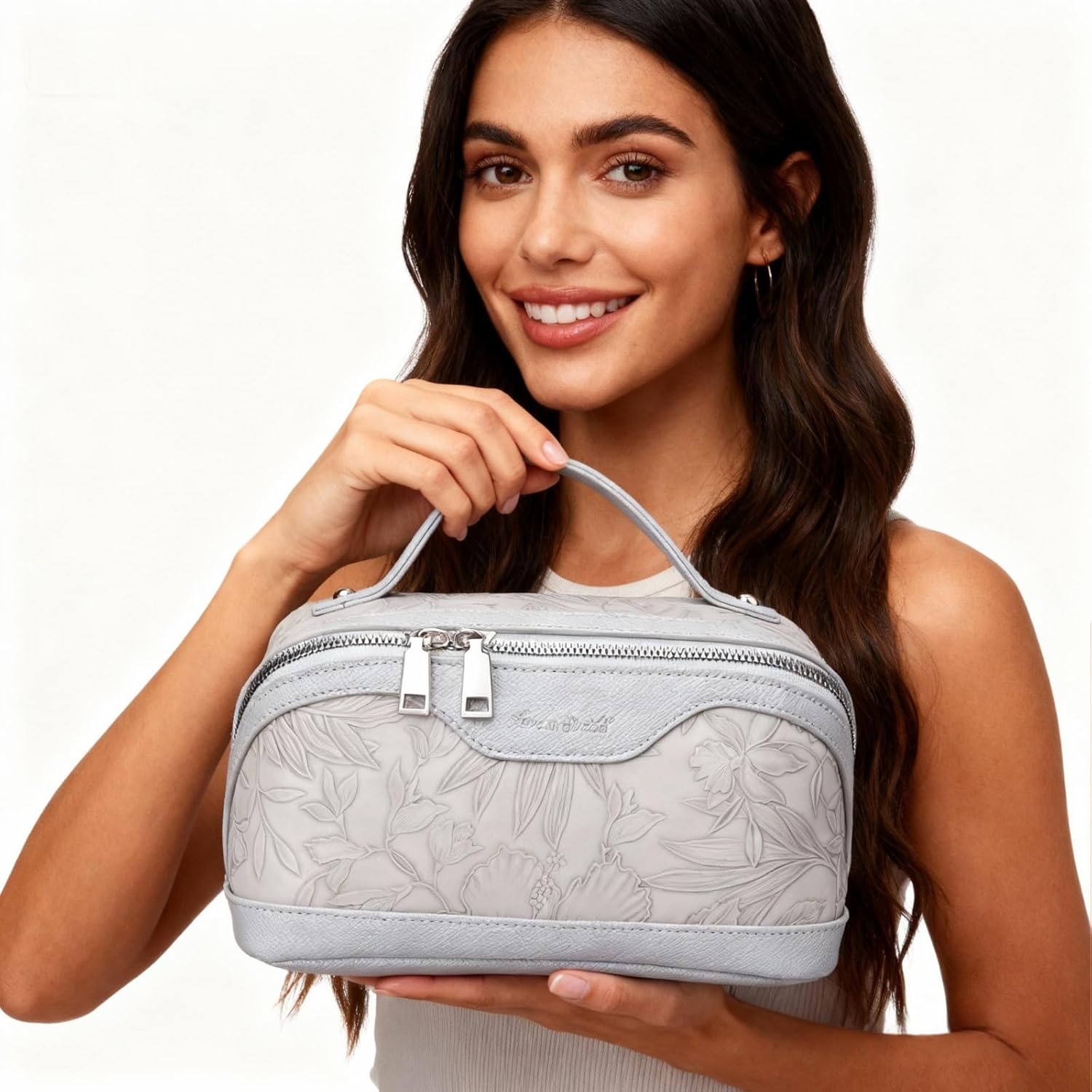 Travel Makeup Bag for Women PU Leather Cosmetic Organizer Toiletry Bag Large Capacity Wide Open Portable Storage Pouch with Divider & Handle (Grey)