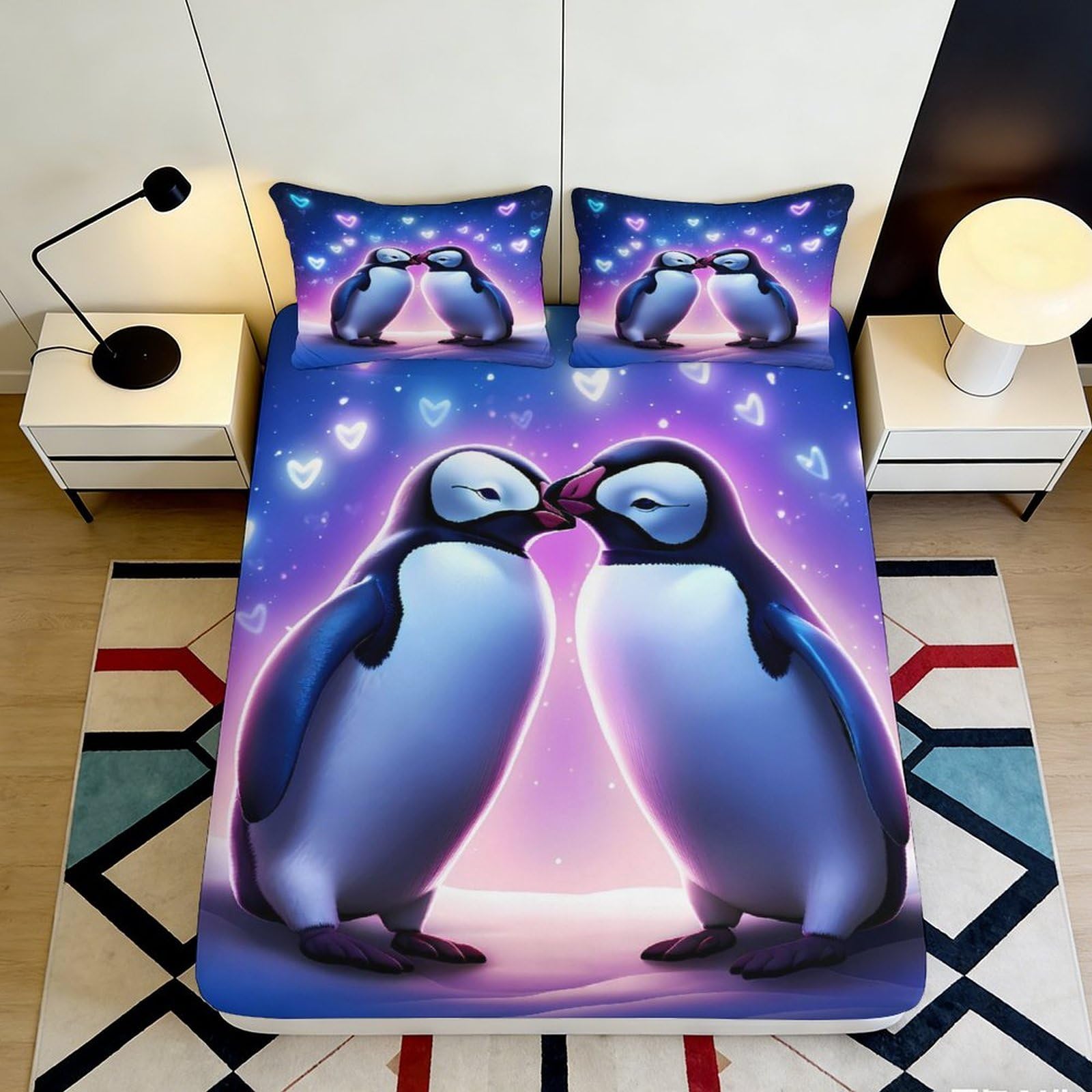 3D Printed Romantic Penguins Fitted Sheet Microfiber Soft Breathable Heart Pattern Bed Cover for Bedroom Dormitory Guest Room Mattress Protection 200x200x25cm