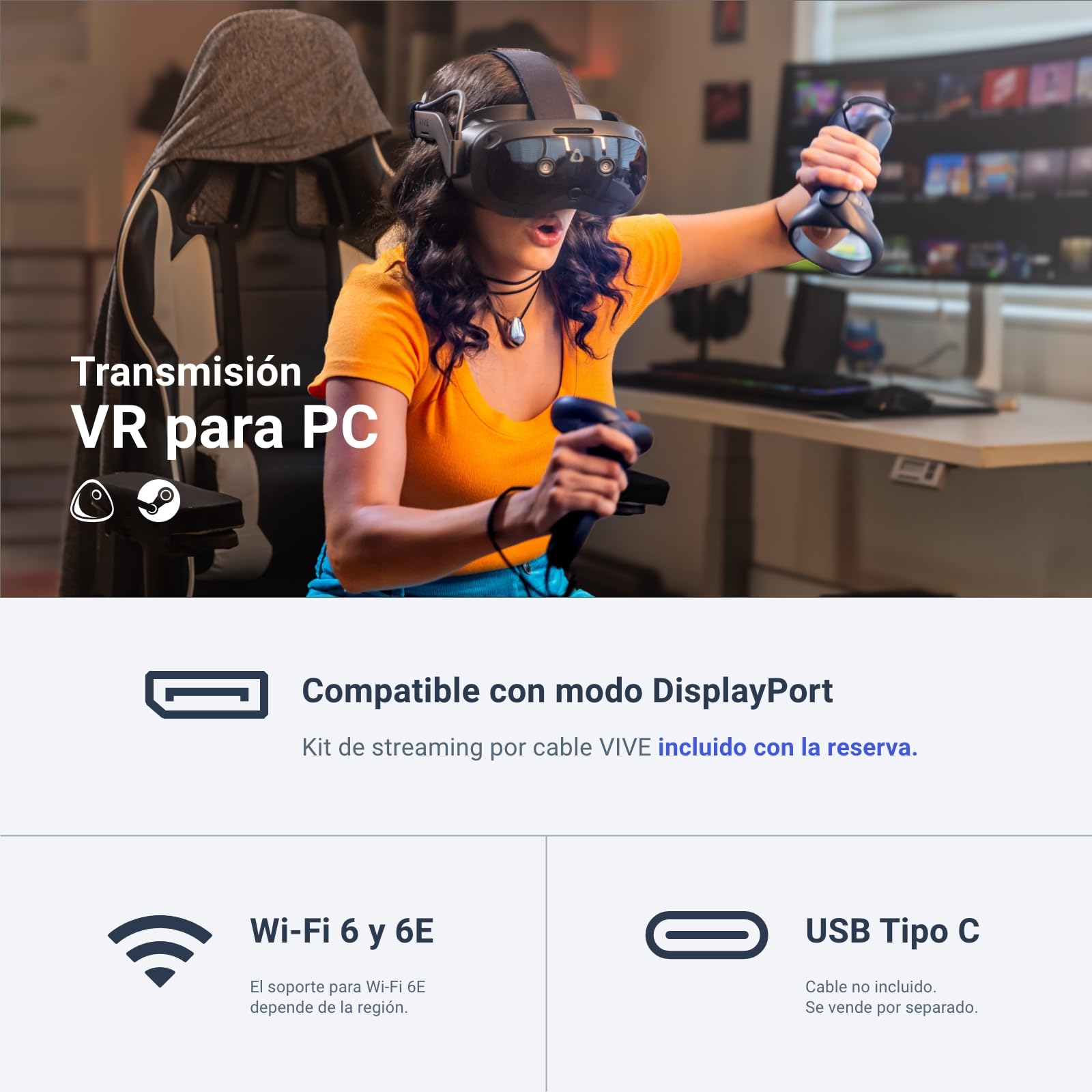 HTC Vive Focus Vision: Auriculares VR para PC y Realidad Mixta + Controladores, Negro, Compatible con el Modo DisplayPort, Compatible con Ordenador Personal, Vive OS