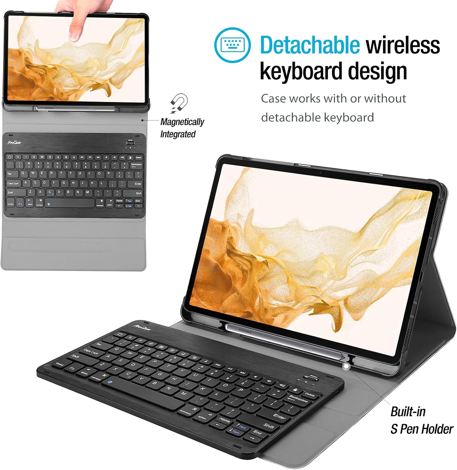 Diagram showing how the magnetic keyboard detaches from the case and the built-in S Pen holder.