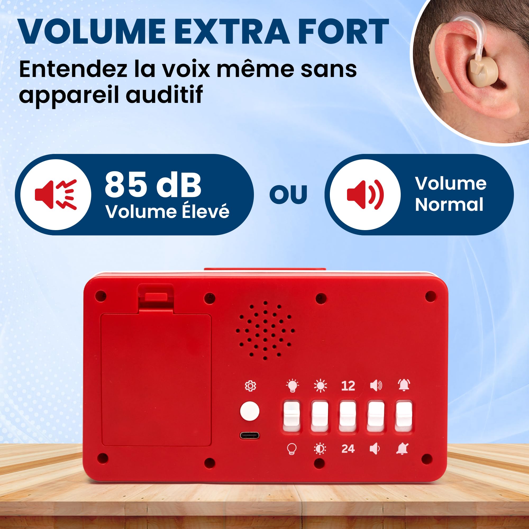 Réveil Parlant - Volume Extra Fort pour Malentendants, Aveugle, Malvoyante | Horloge Parlante pour Personne Agée, Alzheimer - Horloge Format 12h ou 24h, Gros Chiffres Idéal Mal Voyant, Mode Zéro Lumière
