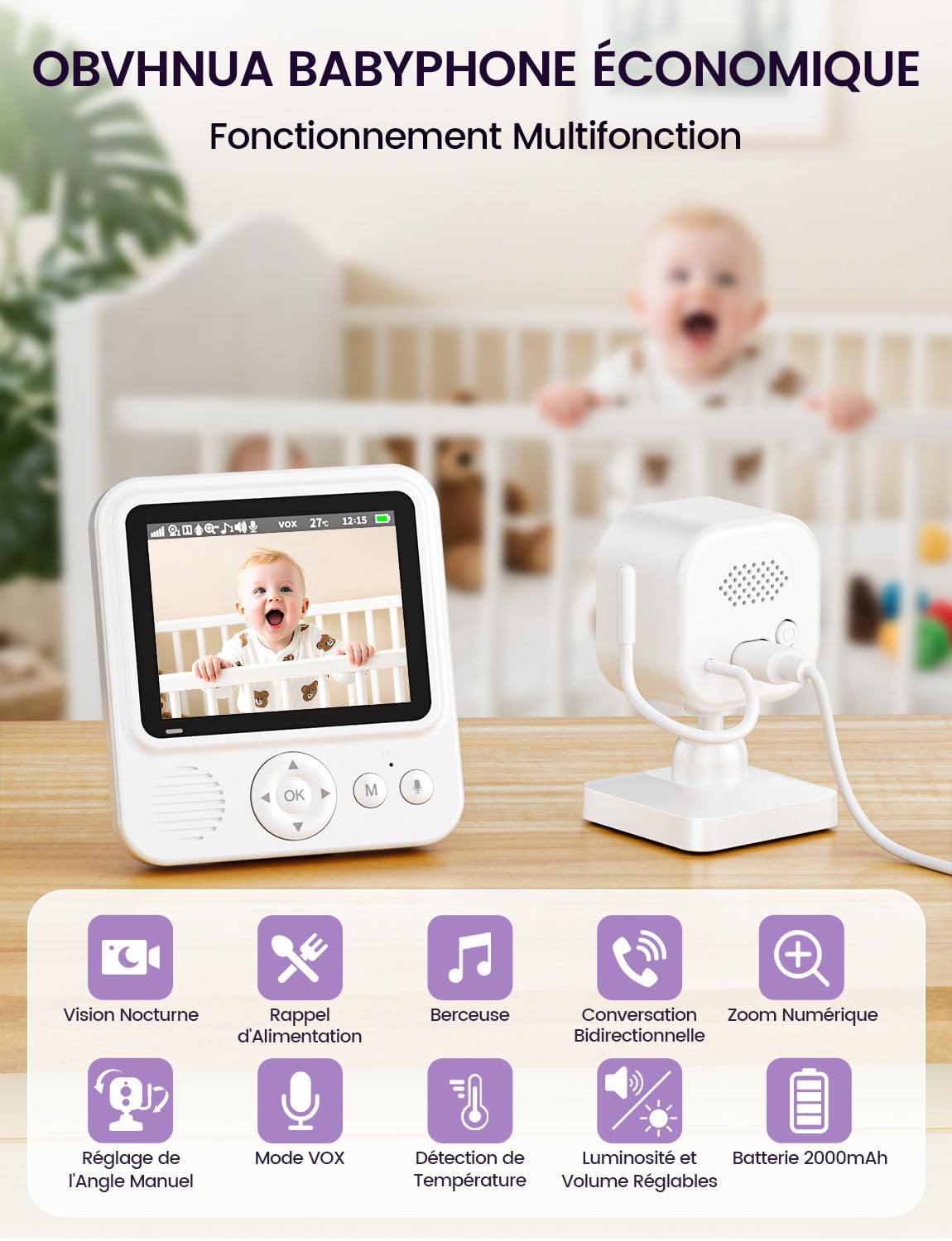 OBVHNUA Babyphone Caméra Bébé avec Écran IPS 2,8 Pouces Babyphone Vidéo sans WiFi ni App Batterie 2000mAh VOX Vision Nocturne Audio Bidirectionnel Surveillance de la Température Zoom 2X/4X