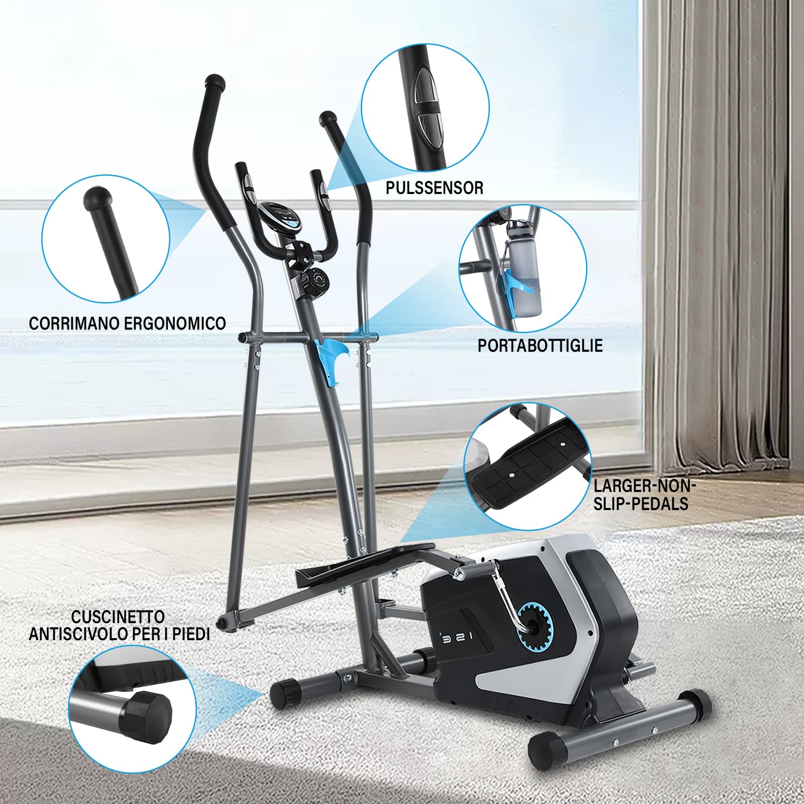 ISE Ellittica Professionale per Casa - Cross Trainer con Resistenza Magnetica 16 Livelli, Display LCD Multifunzione, Peso Utente Max 150kg, Pedane Antiscivolo, Ideale per Cardio e Allenamento Totale