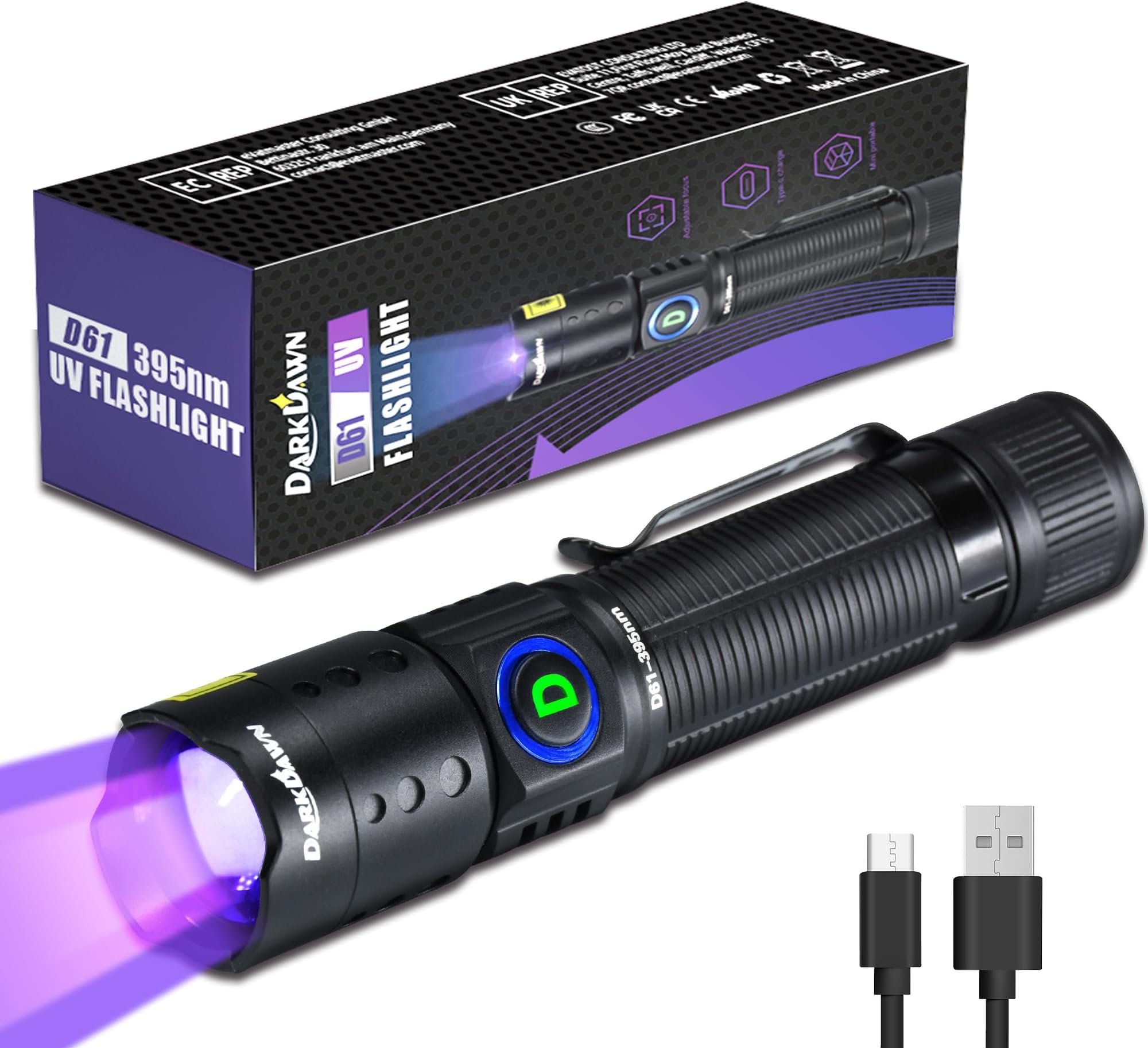 UV Flashlight 395nm Black Light Mini USB Rechargeable Ultraviolet LED Blacklight Woods Lamp Powerful Fluorescent Portable Detector for Pet Urine Stains, Scorpions, Resin Curing