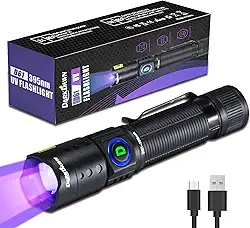 DARKDAWN Lanterna UV 395 nm, luz negra, mini USB recarregável ultravioleta LED luz negra lâmpada de madeira fluorescente potente detector portátil para manchas de urina de animais de estimação,