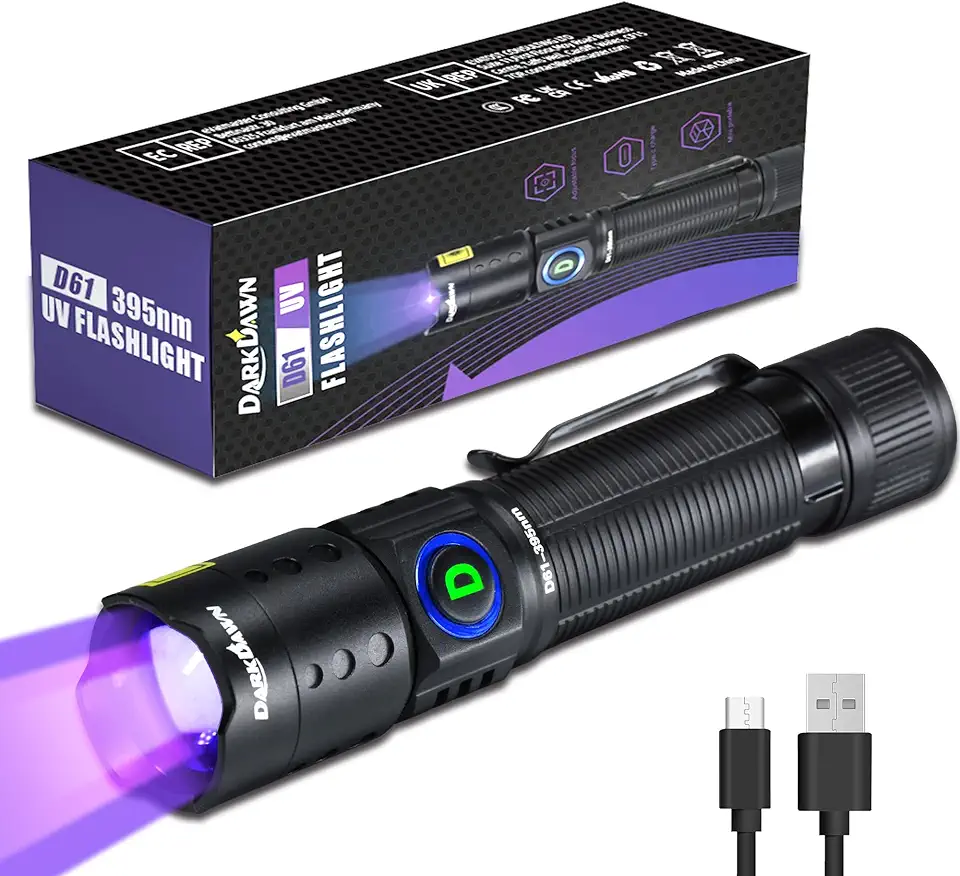 DARKDAWN Lanterna UV 395 nm, luz negra, mini USB recarregável ultravioleta LED luz negra lâmpada de madeira fluorescente potente detector portátil para manchas de urina de animais de estimação,