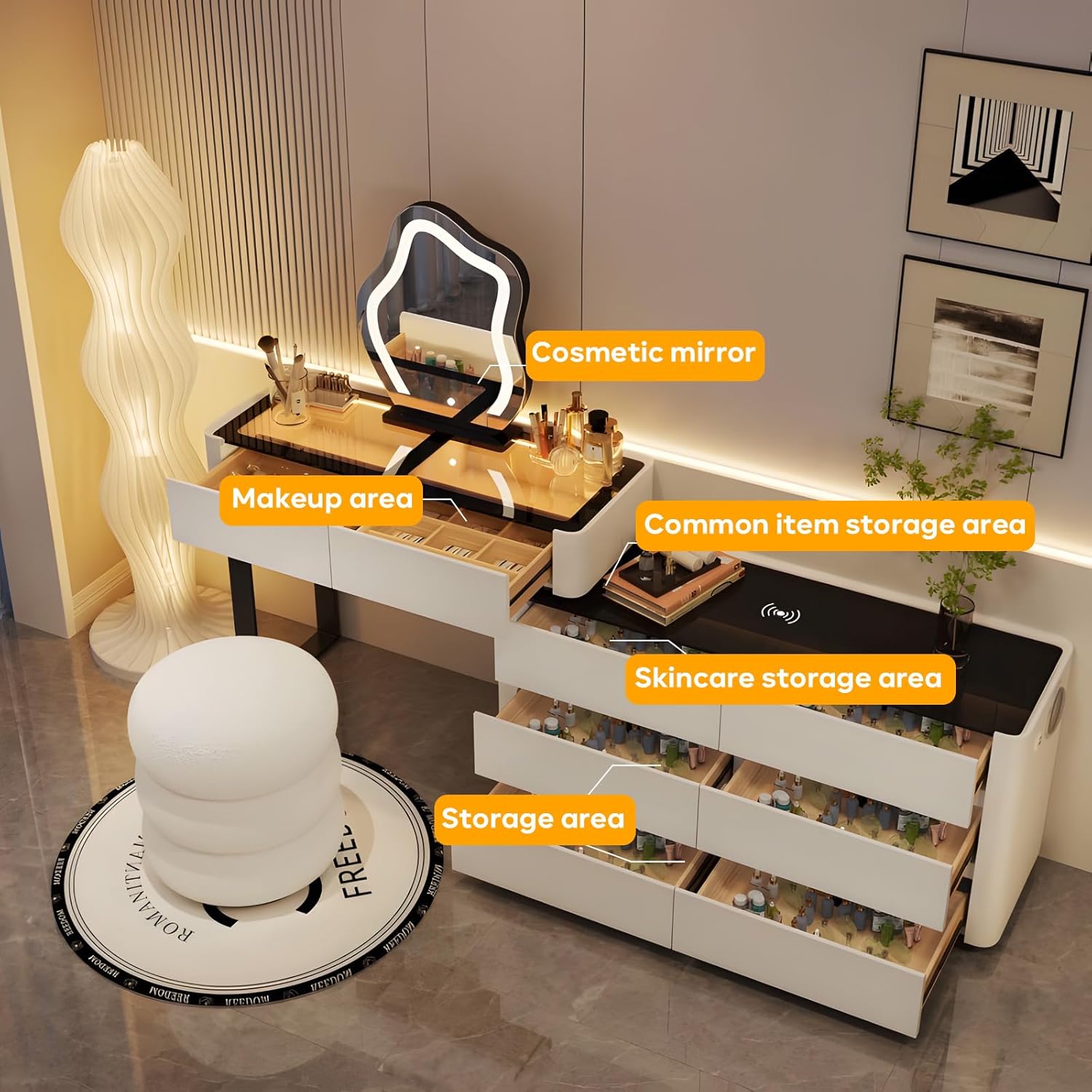 LUTHXAY Vanity Desk showing various labeled storage areas for cosmetics, skincare, and common items