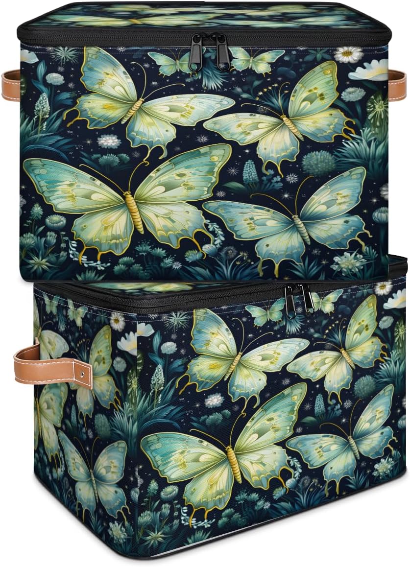 Storage Bin Set of 2 Beautiful Butterfly Storage Basket with Zipper Lid & Handle Foldable Closet Shelf 2 Pack Cloth Organizer Basket Cube Bins Clothes Organizer for Nursery, Bedroom
