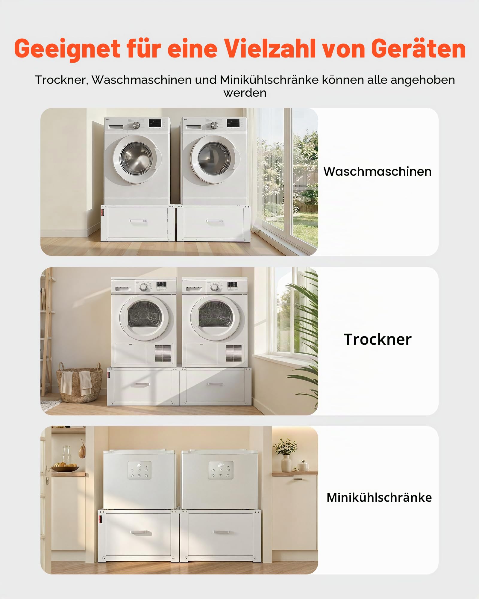 VEVOR Waschmaschinen Untergestell, 290 mm Hoch, Waschenmaschinenerhöhung mit Schublade, Tragkraft 150 kg, Rutschfeste Füße, Stahl-Trocknersockel, Podest, Universell Passend, Weiß, 2er-Pack