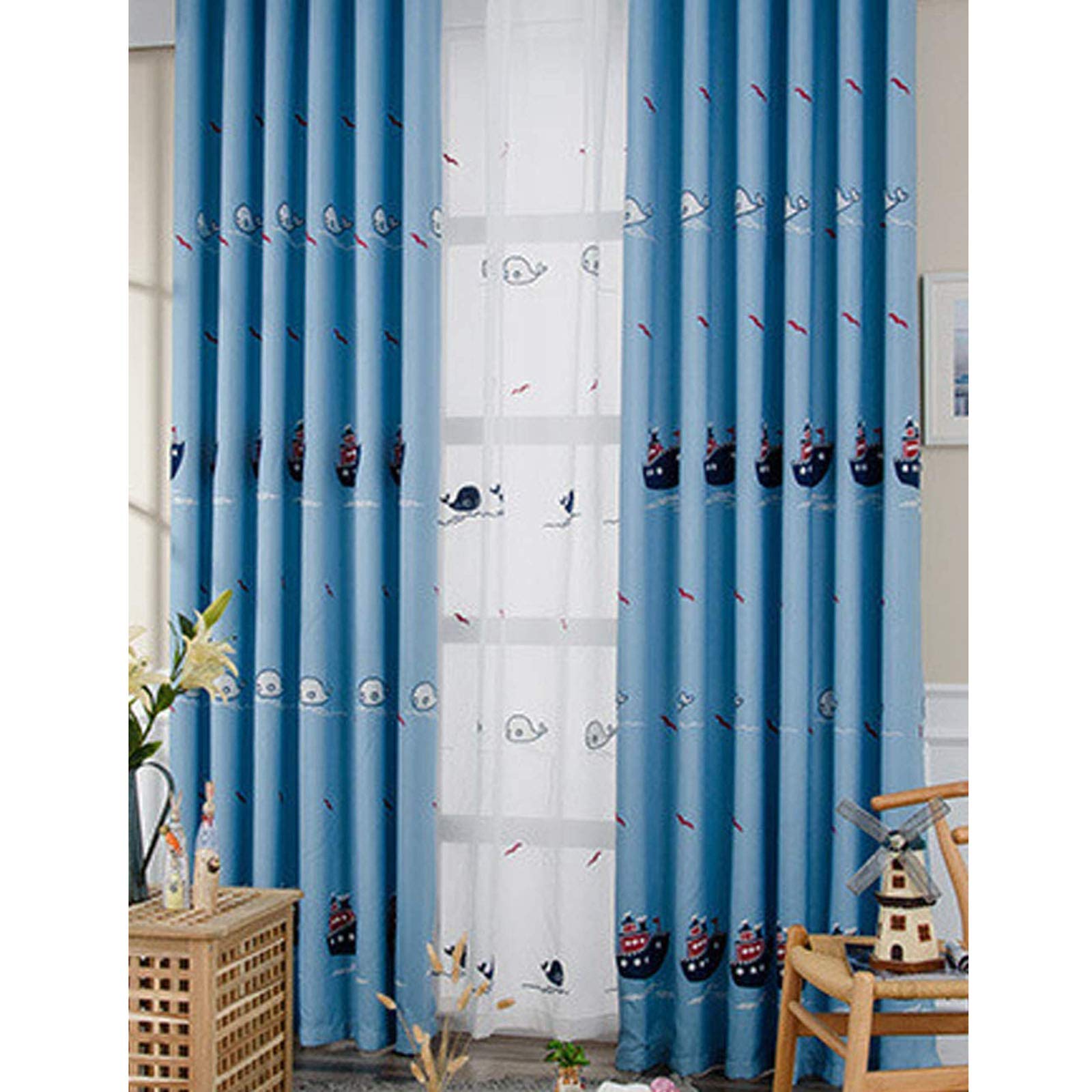 Pokój dziecięcy, zasłona żeglarska, chłopcy i dziewczęta, kreskówka, uroczy statek parowy delfin, zasłony zaciemniające - tiul, 200 x 270 cm