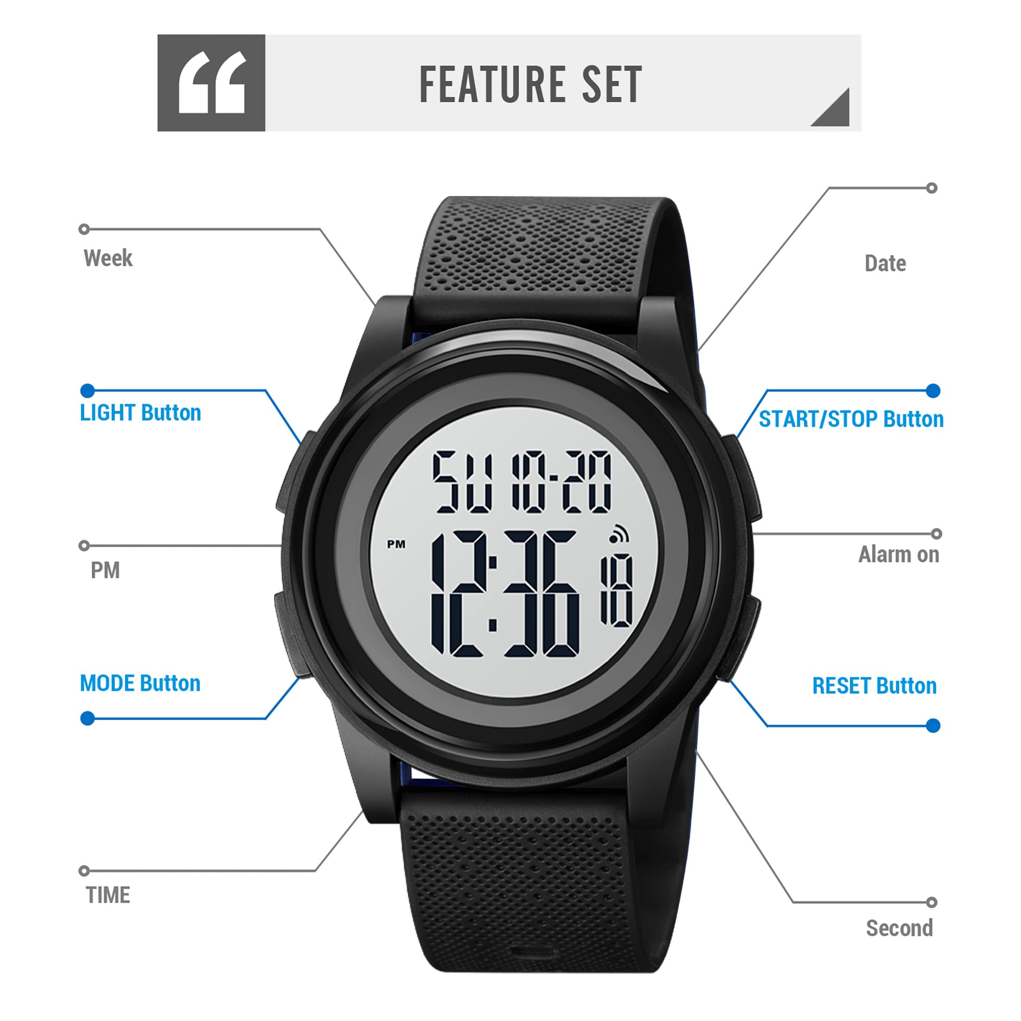 findtime Reloj militar para hombre, reloj deportivo táctico, reloj digital, cronógrafo, cuenta atrás, 5 ATM, resistente al agua, reloj despertador, cronómetro, reloj de pulsera, negro blanco, Correa