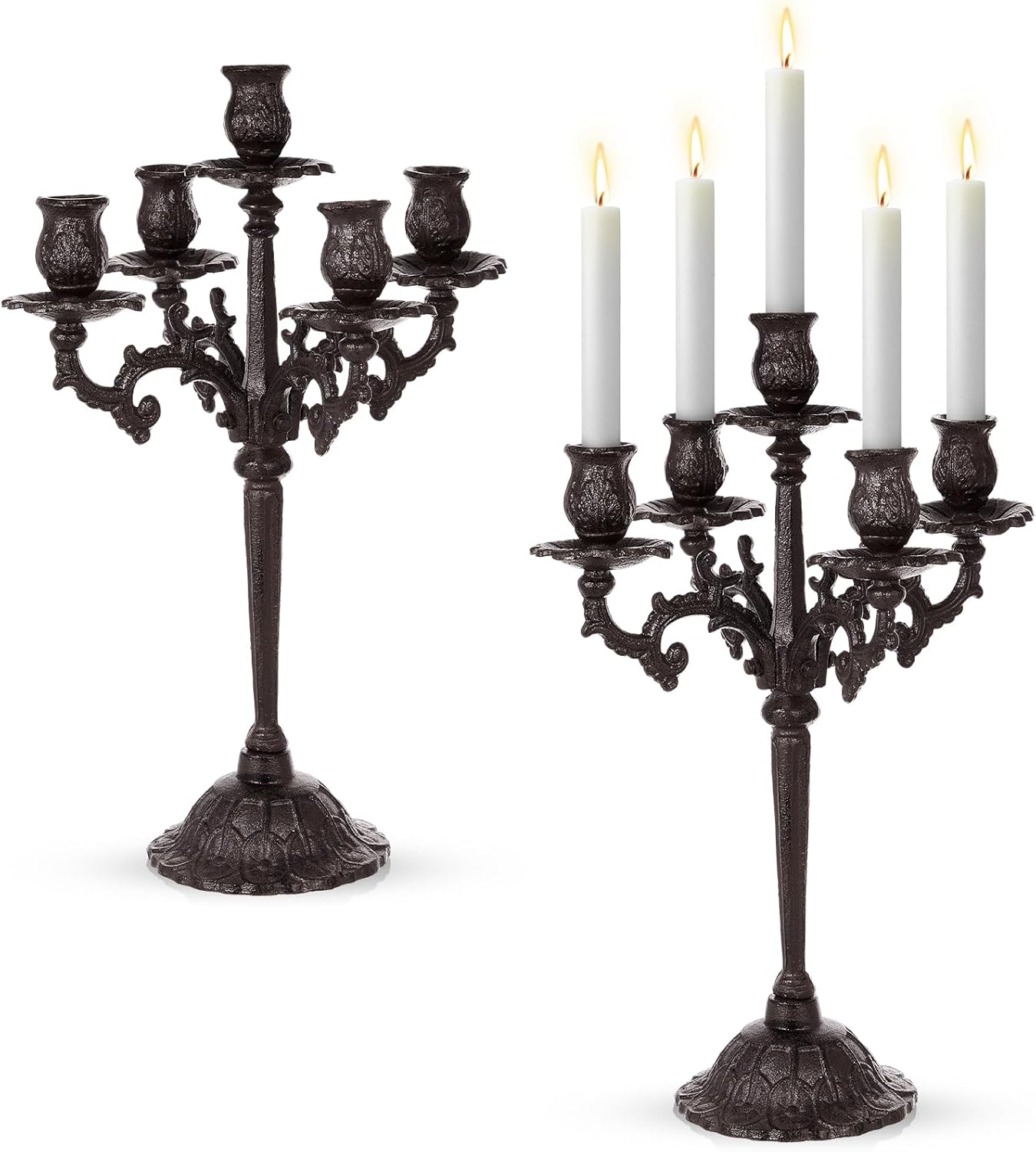 Mumufy 2 Pcs 5 Arm Black Candelabra 16.7 Tall Cast Iron Candlestick Holders Vintage Gothic Candles Holder Stand Decorative Table Centerpieces for Halloween Wedding Christmas Birthday Home Party
