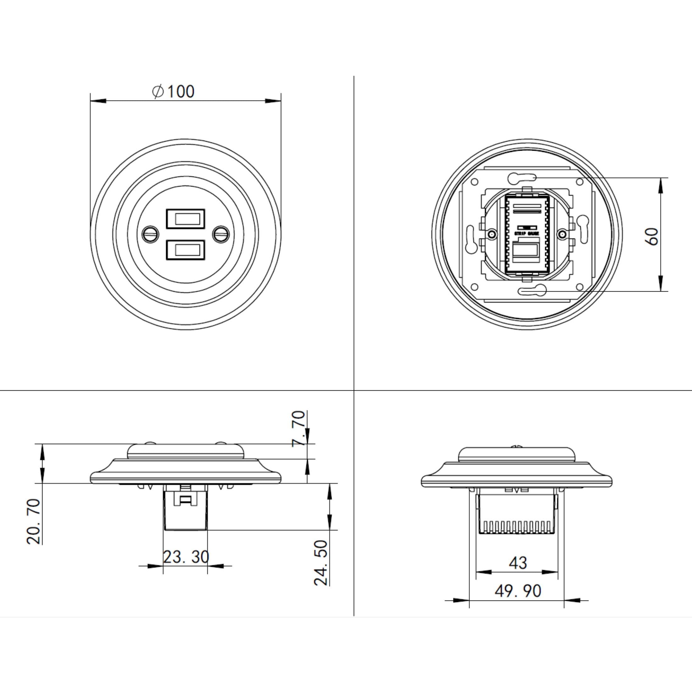 Unterputz Porzellan Retro USB Steckdose 2-fach, All-in-One, Serie PR1 weiß
