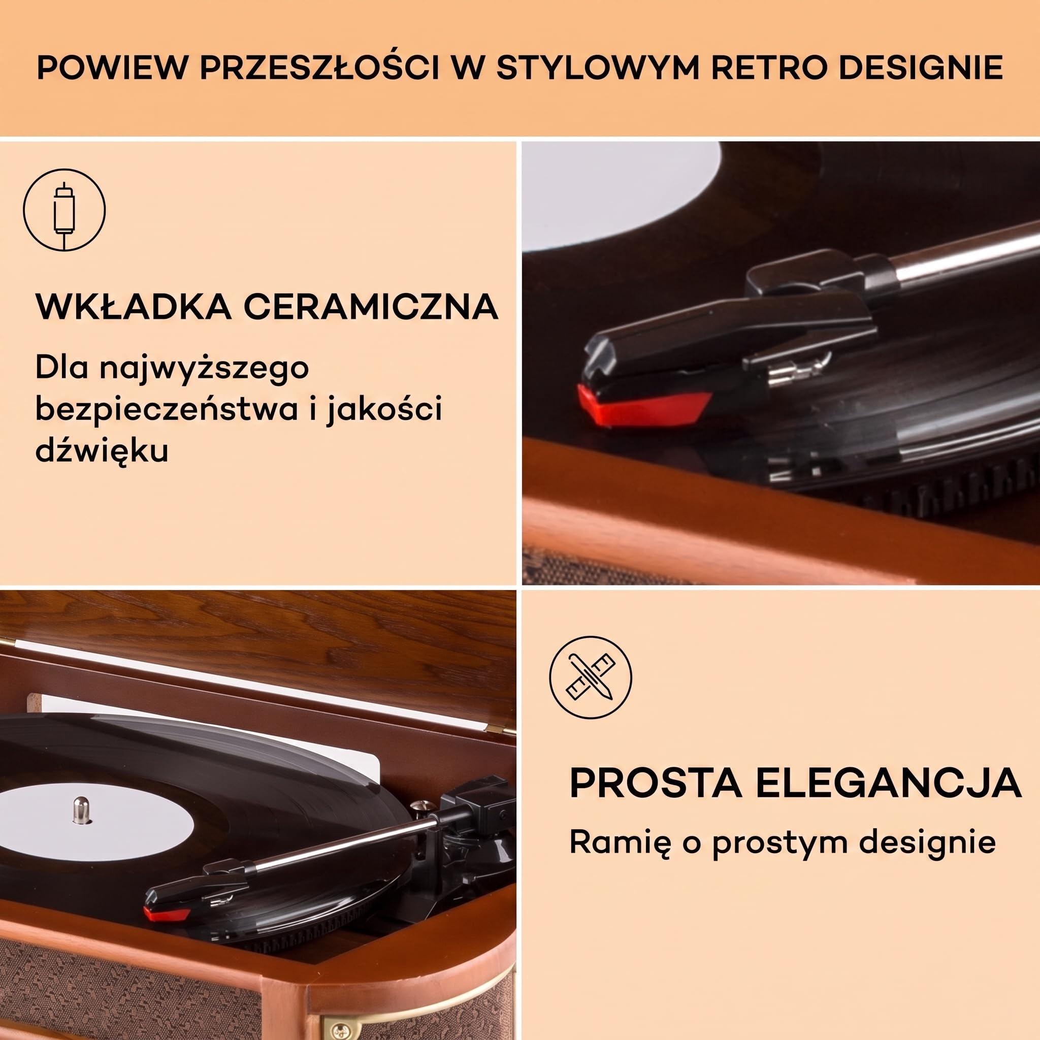 auna Belle Epoque 1908 - wieża retro, gramofon, system stereo, radio cyfrowe, tuner MP3, RDS, kaseta, port USB, CD, DAB+ i Bluetooth, brązowy