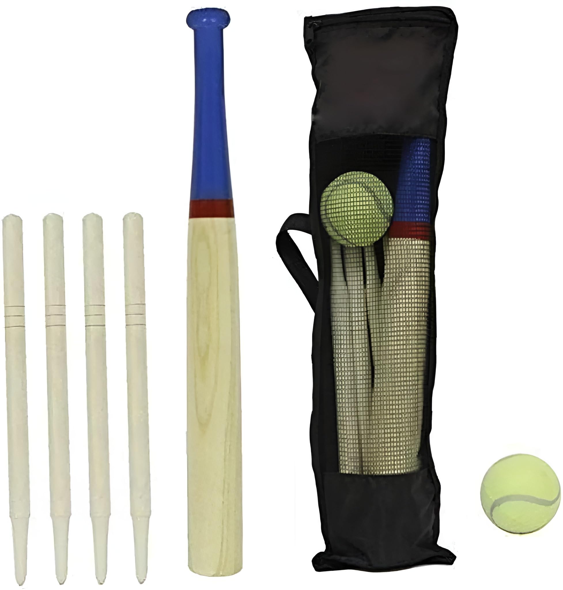 PRADICHI 6 Piece Wooden Rounders Set with Carry Bag – Garden Baseball Bat, Posts & Soft Ball Outdoor Play Set for Kids & Family Fun