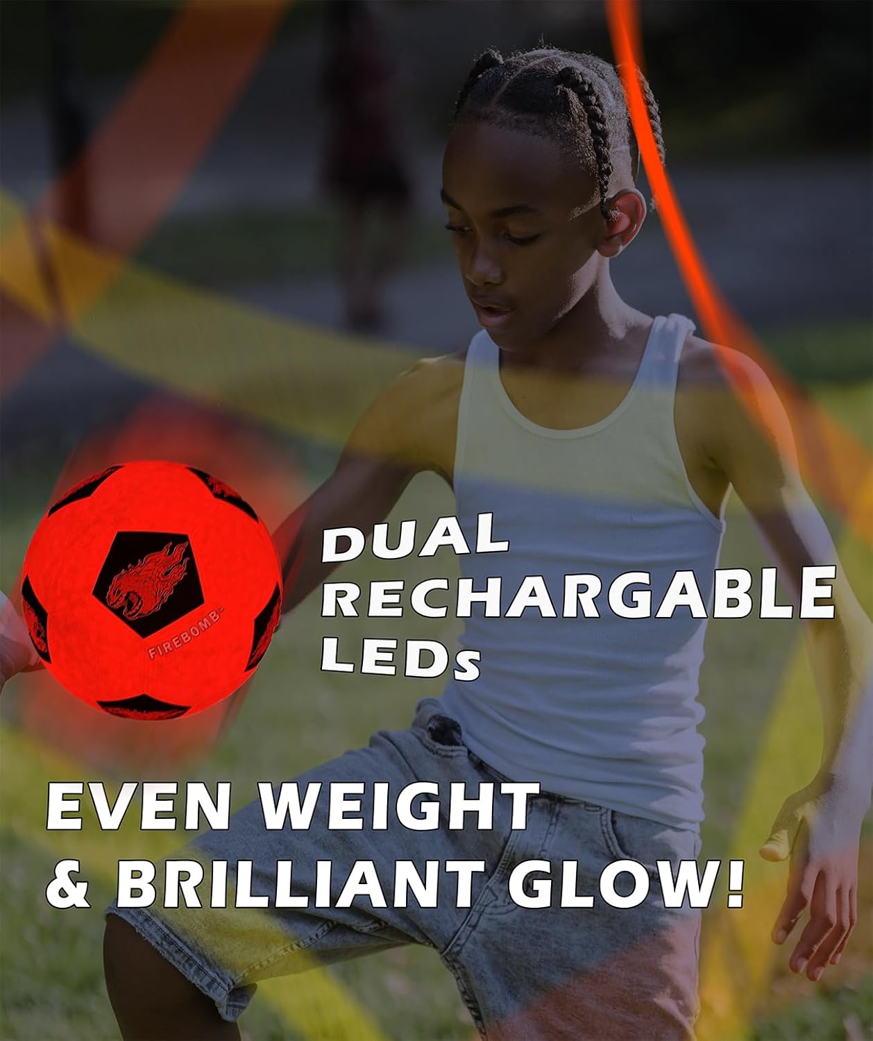 FIREBOMB LED Soccer Ball - Rechargeable Light-Up Soccer Ball for Nighttime Fun, Rubber Size 5, Orange & Black Sports Ball for All Ages
