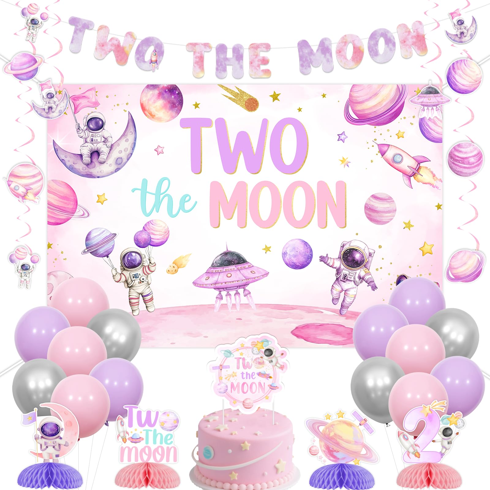 Jollyboom Two the Moon Birthday Decorations Girl, Outer Space 2nd Birthday Decorations Backdrop Banner Cake Topper Balloons Hanging Swirls Ceiling Streamers Table Honeycomb Centerpieces