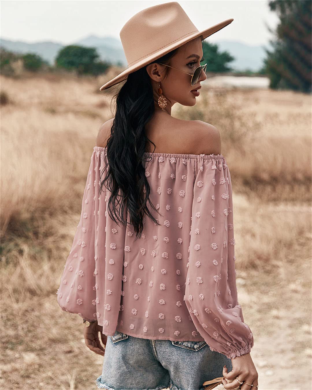Camicette da Donna in Chiffon con Spalle Scoperte Camicetta a Pois svizzeri a Maniche Lunghe Camicette Casual Larghe con Maniche a Campana