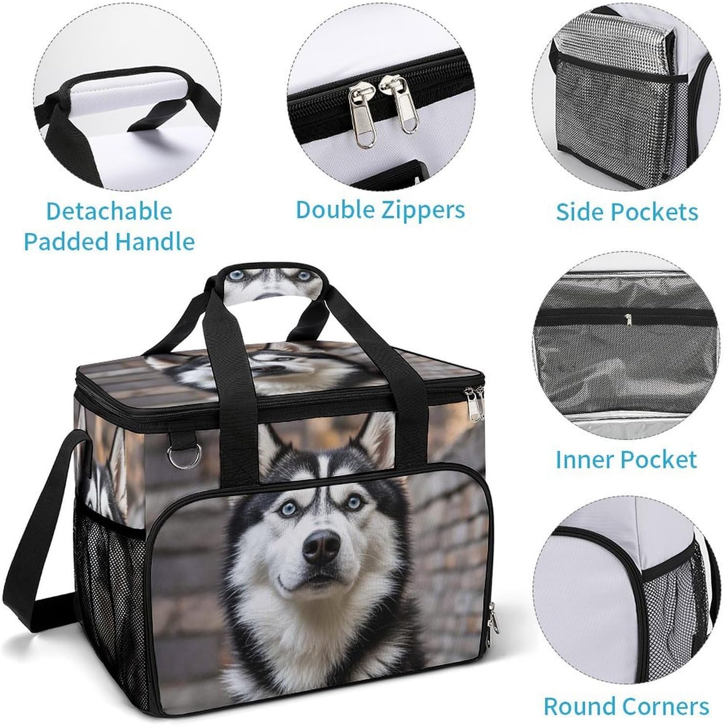 Insulated Picnic Backpack Tote Bag, Large Capacity 30L Husky Dog Cooler Bag Leakproof Beach Bags Portable Lunch Box Waterproof Picnic Basket for Beach Camping BBQ